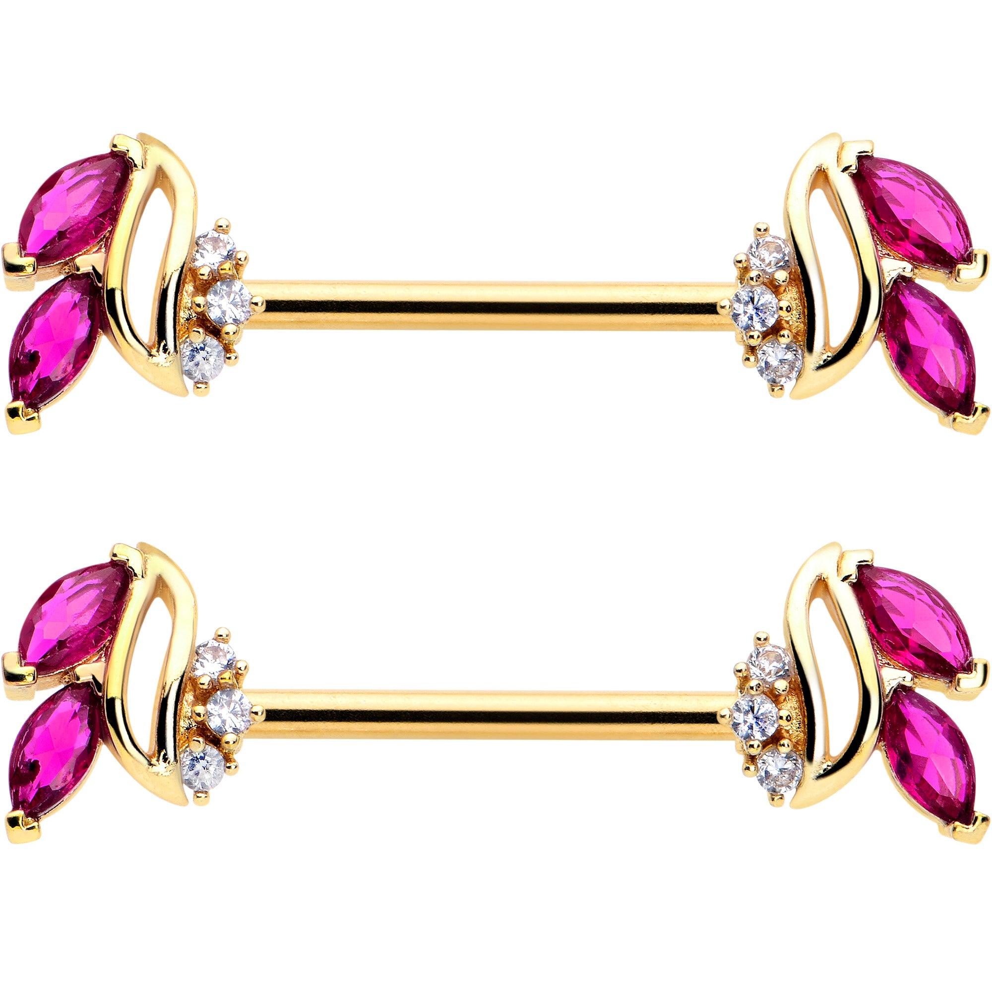 14 Gauge 9/16 Red CZ Gem Gold Tone Swirl Fan Barbell Nipple Ring Set