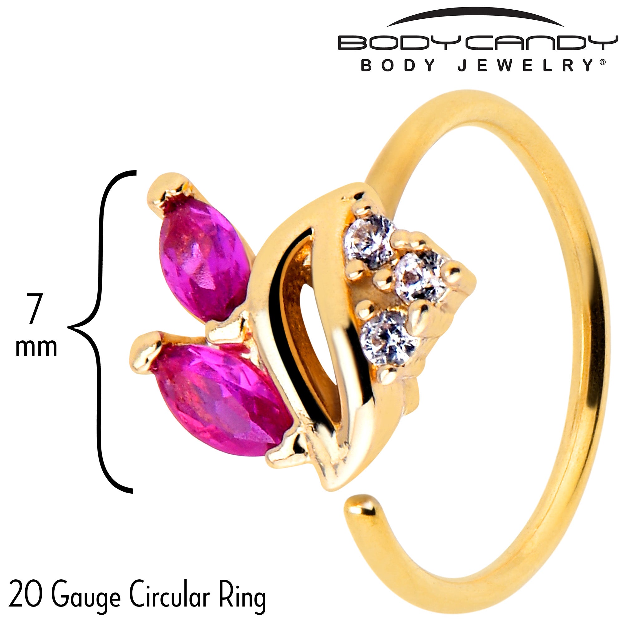 20 Gauge 5/16 Red CZ Gem Gold Tone Swirl Fan Nose Hoop