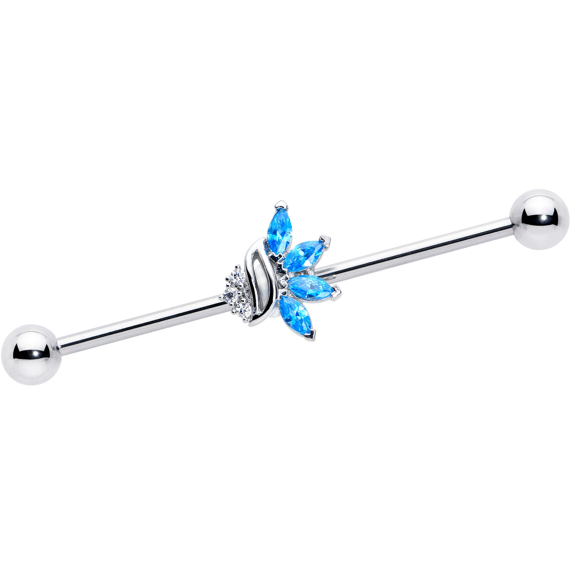 14 Gauge Blue CZ Gem Swirl Fan Industrial Barbell 38mm