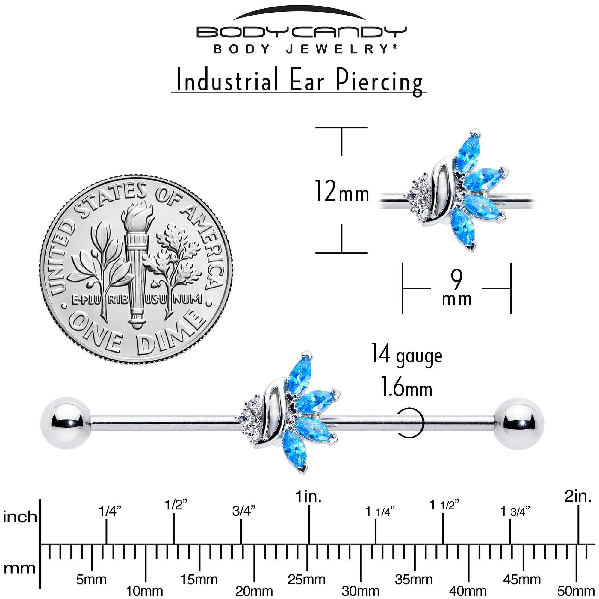 14 Gauge Blue CZ Gem Swirl Fan Industrial Barbell 38mm