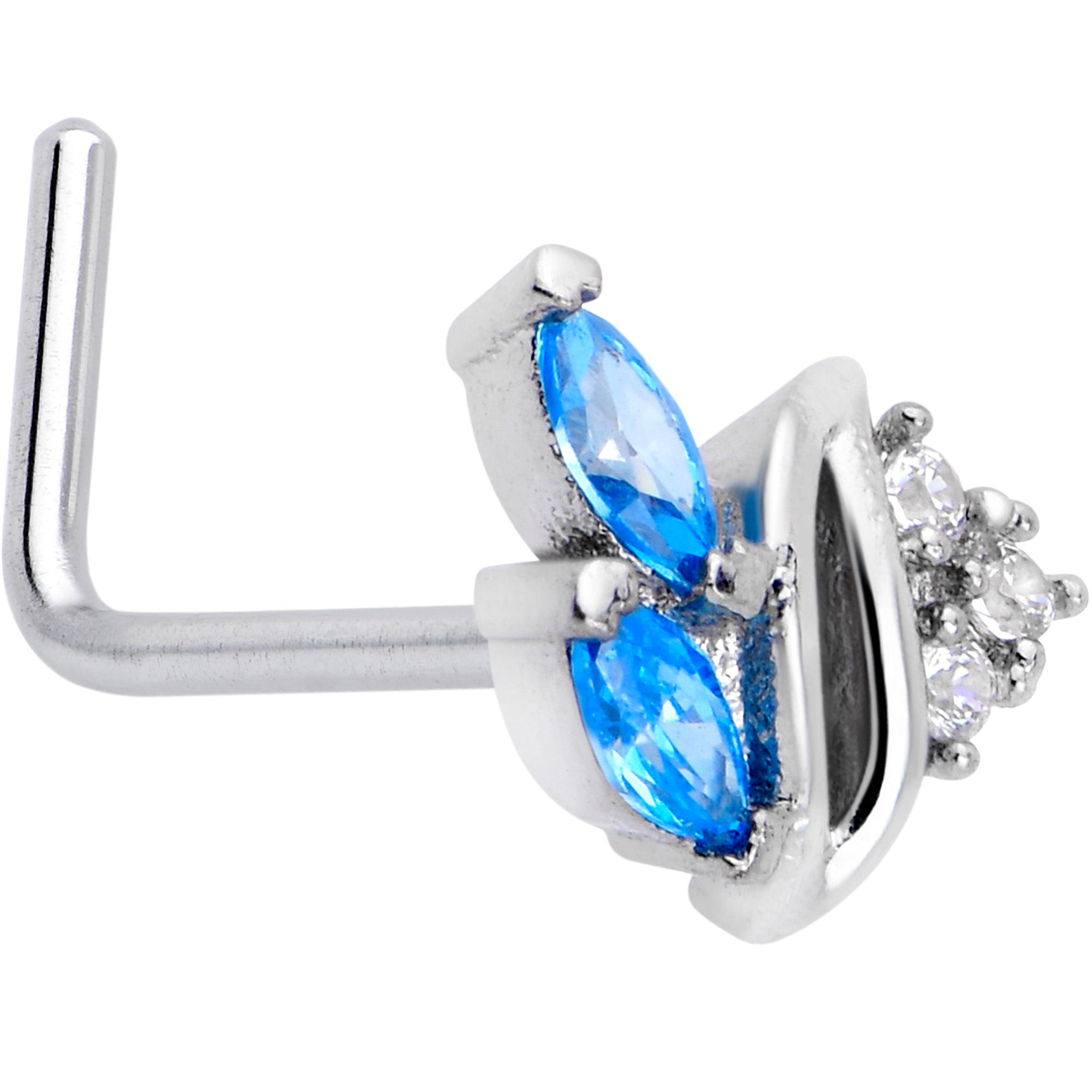 20 Gauge 7mm Blue CZ Gem Swirl Fan L Shape Nose Ring