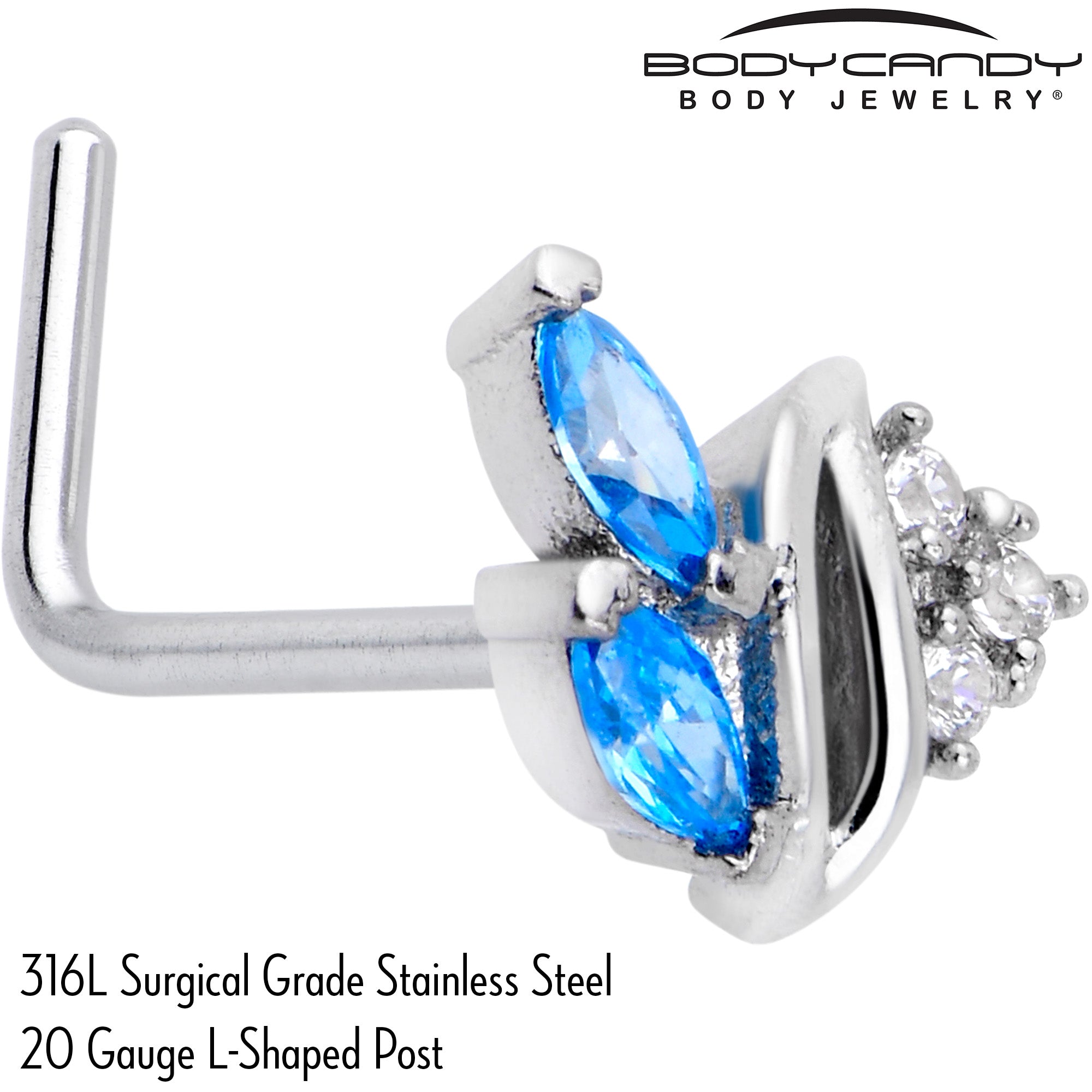 20 Gauge 7mm Blue CZ Gem Swirl Fan L Shape Nose Ring