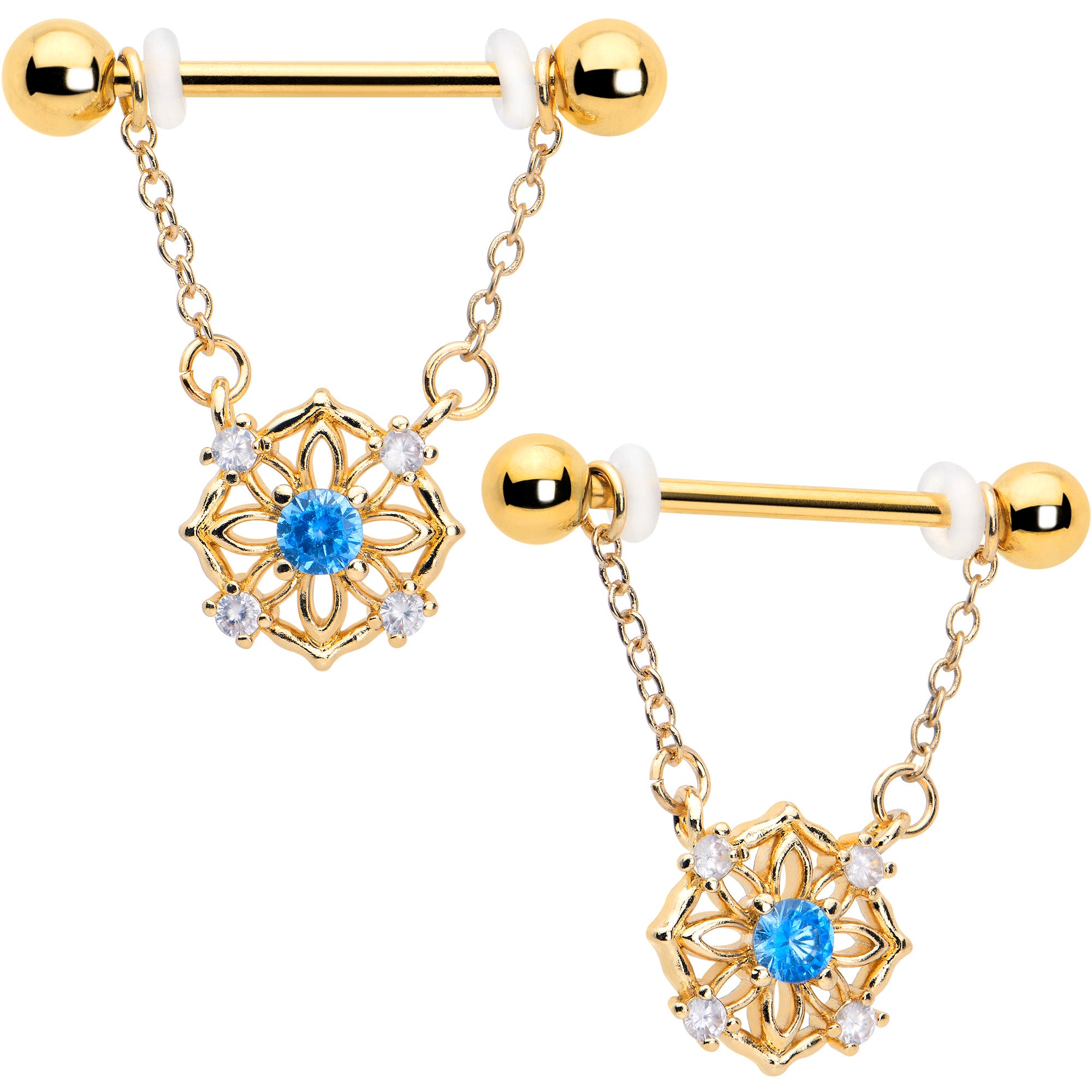 14 Gauge 9/16 Blue CZ Gem Gold Tone Flower Ring Dangle Nipple Ring Set