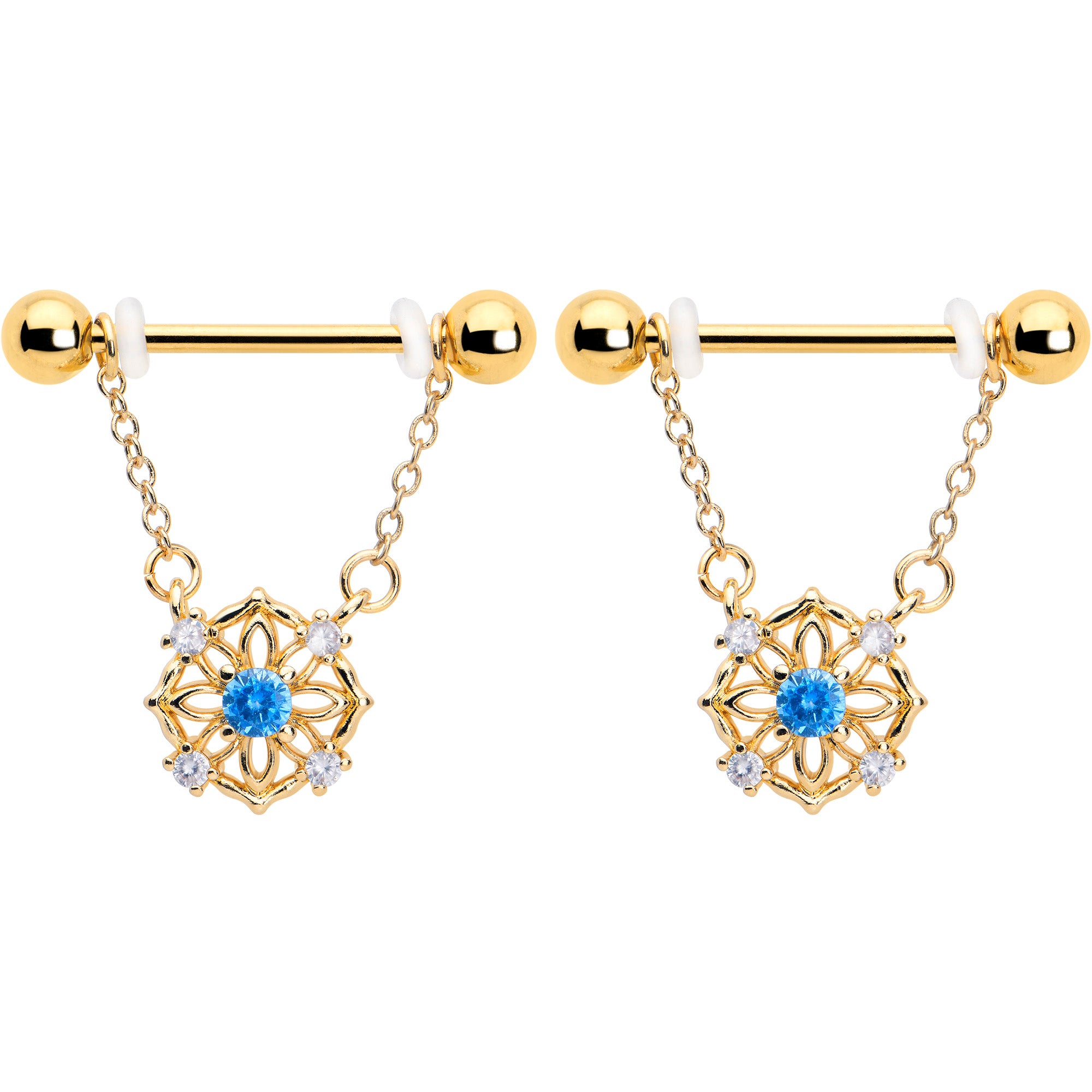 14 Gauge 9/16 Blue CZ Gem Gold Tone Flower Ring Dangle Nipple Ring Set