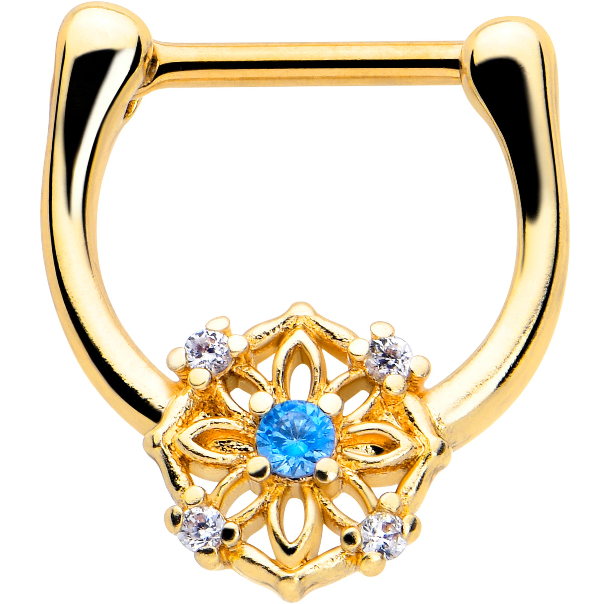 16 Gauge 5/16 Blue CZ Gem Gold Tone Flower Ring Cartilage Clicker