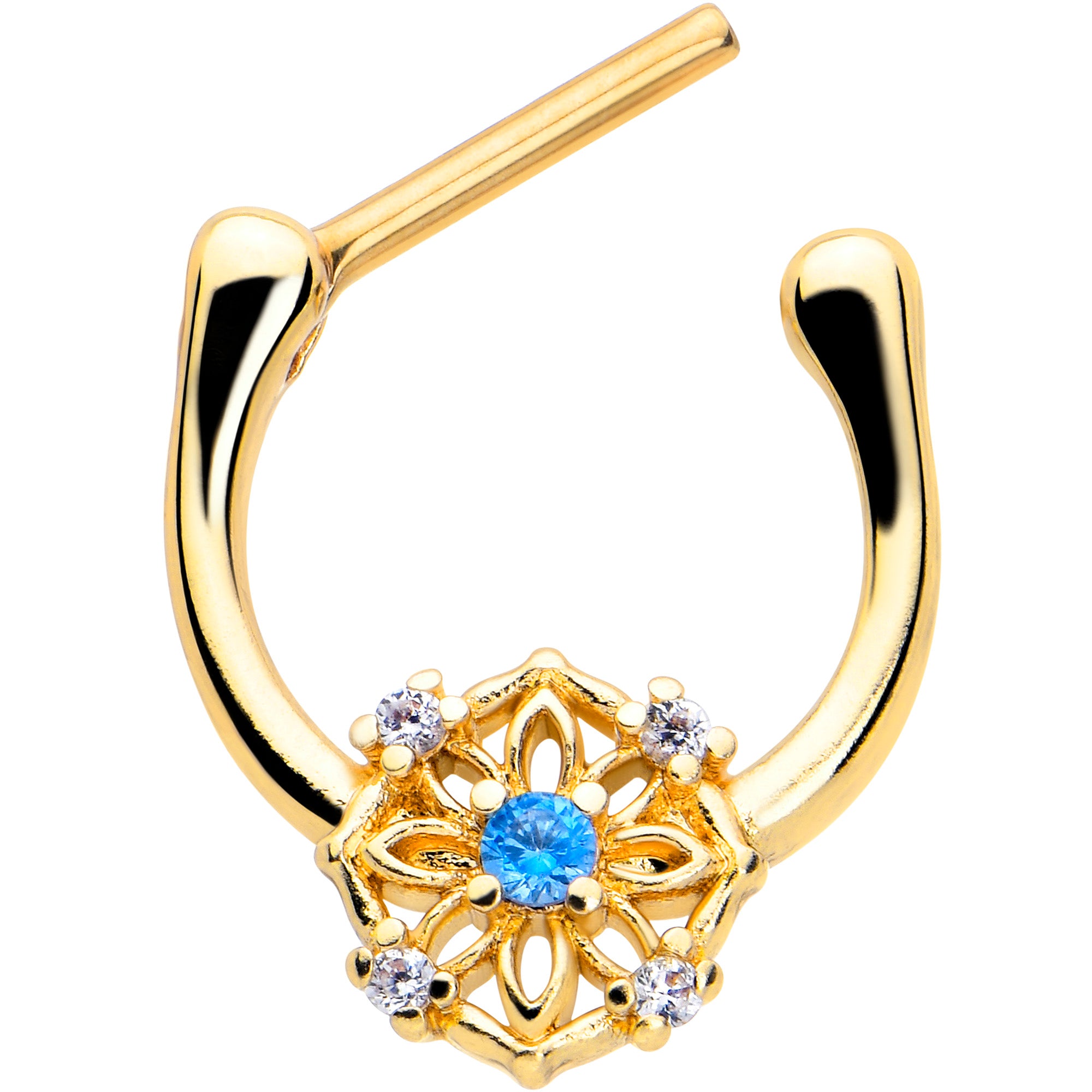 16 Gauge 5/16 Blue CZ Gem Gold Tone Flower Ring Cartilage Clicker