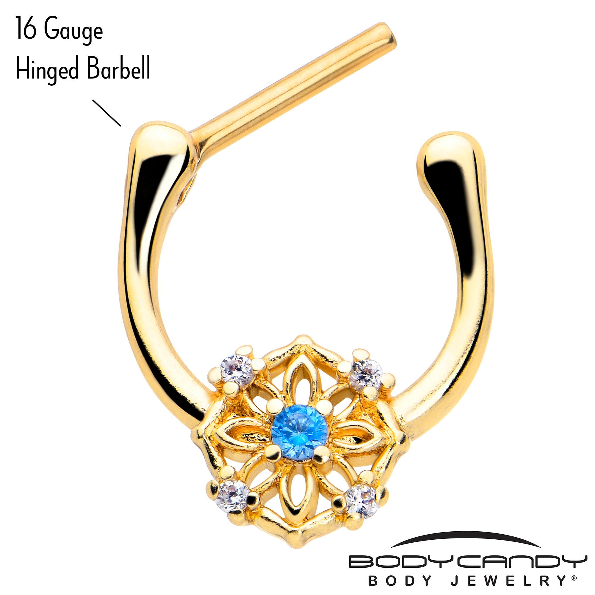 16 Gauge 5/16 Blue CZ Gem Gold Tone Flower Ring Cartilage Clicker