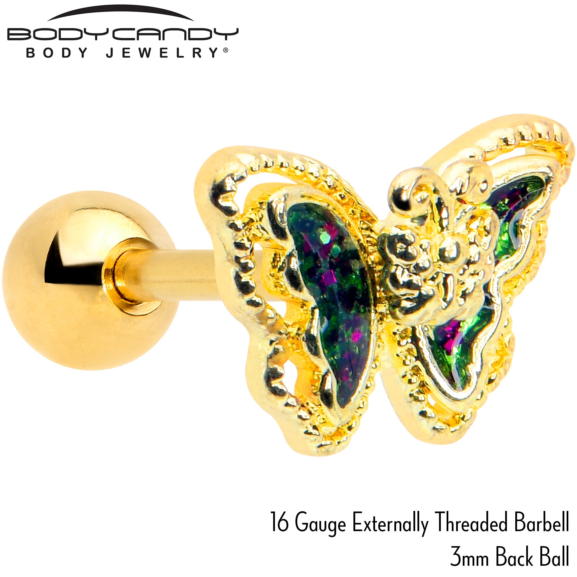 16 Gauge 1/4 Vitrail Gem Gold Tone Classic Butterfly Cartilage Earring