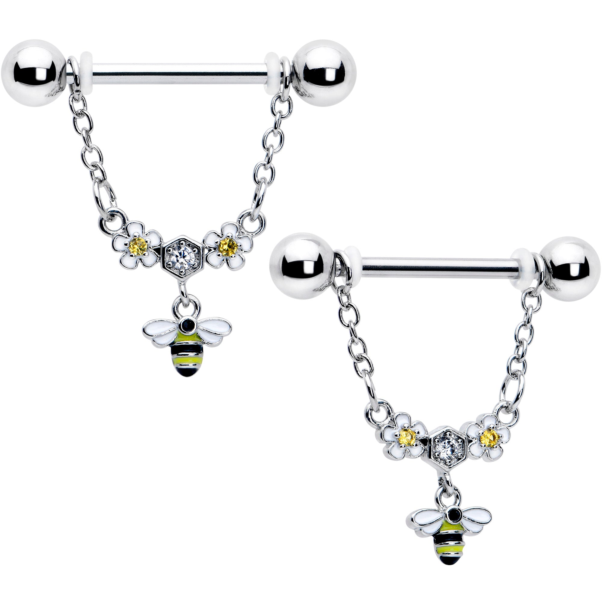 14 Gauge 9/16 Yellow CZ Gem Flower Bee Chain Dangle Nipple Ring Set