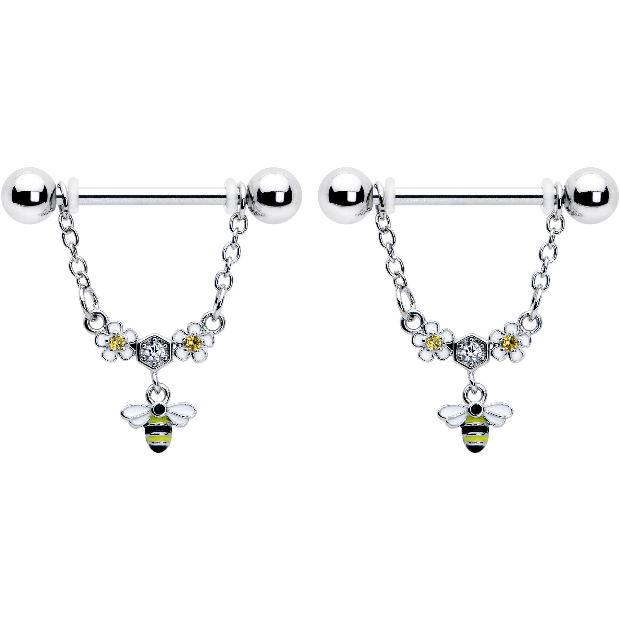 14 Gauge 9/16 Yellow CZ Gem Flower Bee Chain Dangle Nipple Ring Set