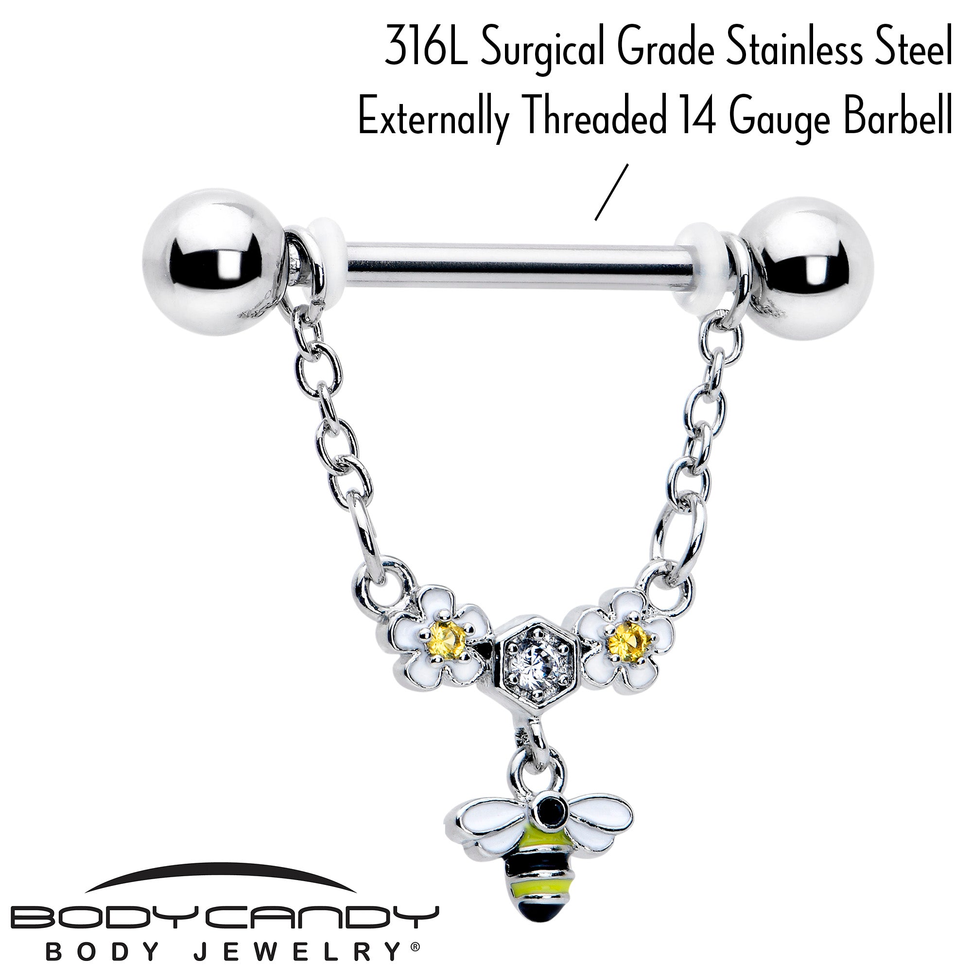 14 Gauge 9/16 Yellow CZ Gem Flower Bee Chain Dangle Nipple Ring Set