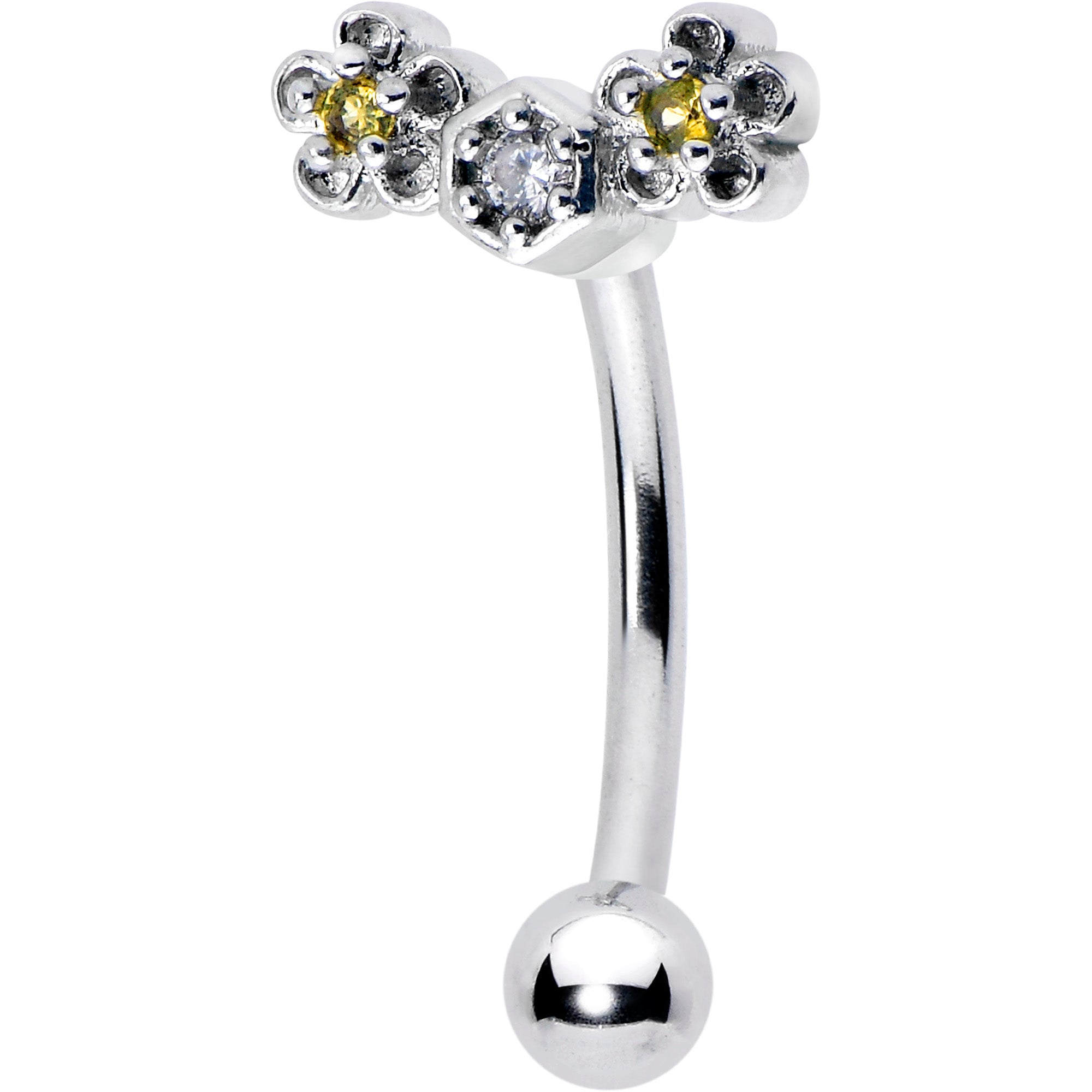 16 Gauge 5/16 Yellow CZ Gem Flower Honeycomb Curved Eyebrow Ring