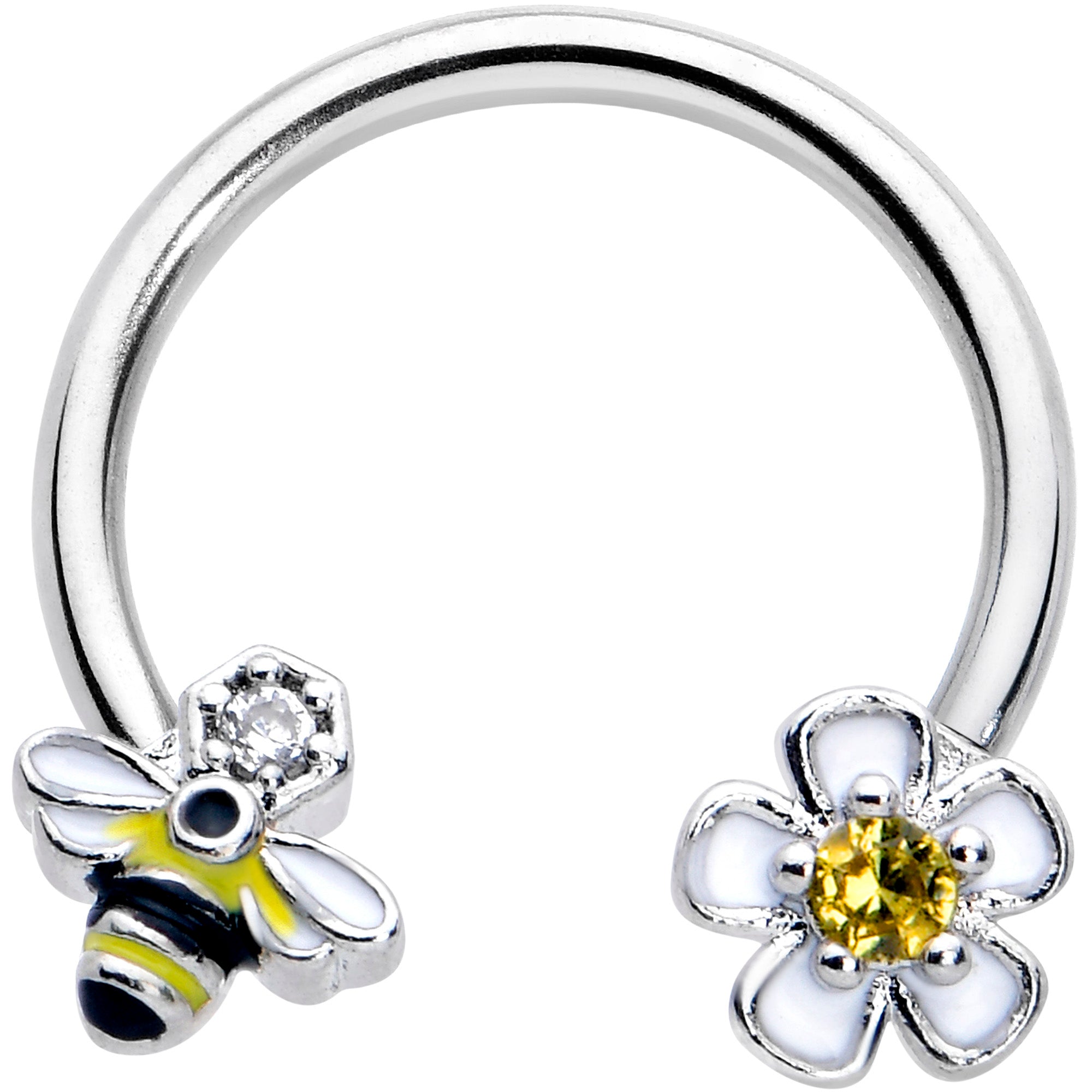 16 Gauge 3/8 Yellow CZ Gem Bee Flower Horseshoe Circular Barbell