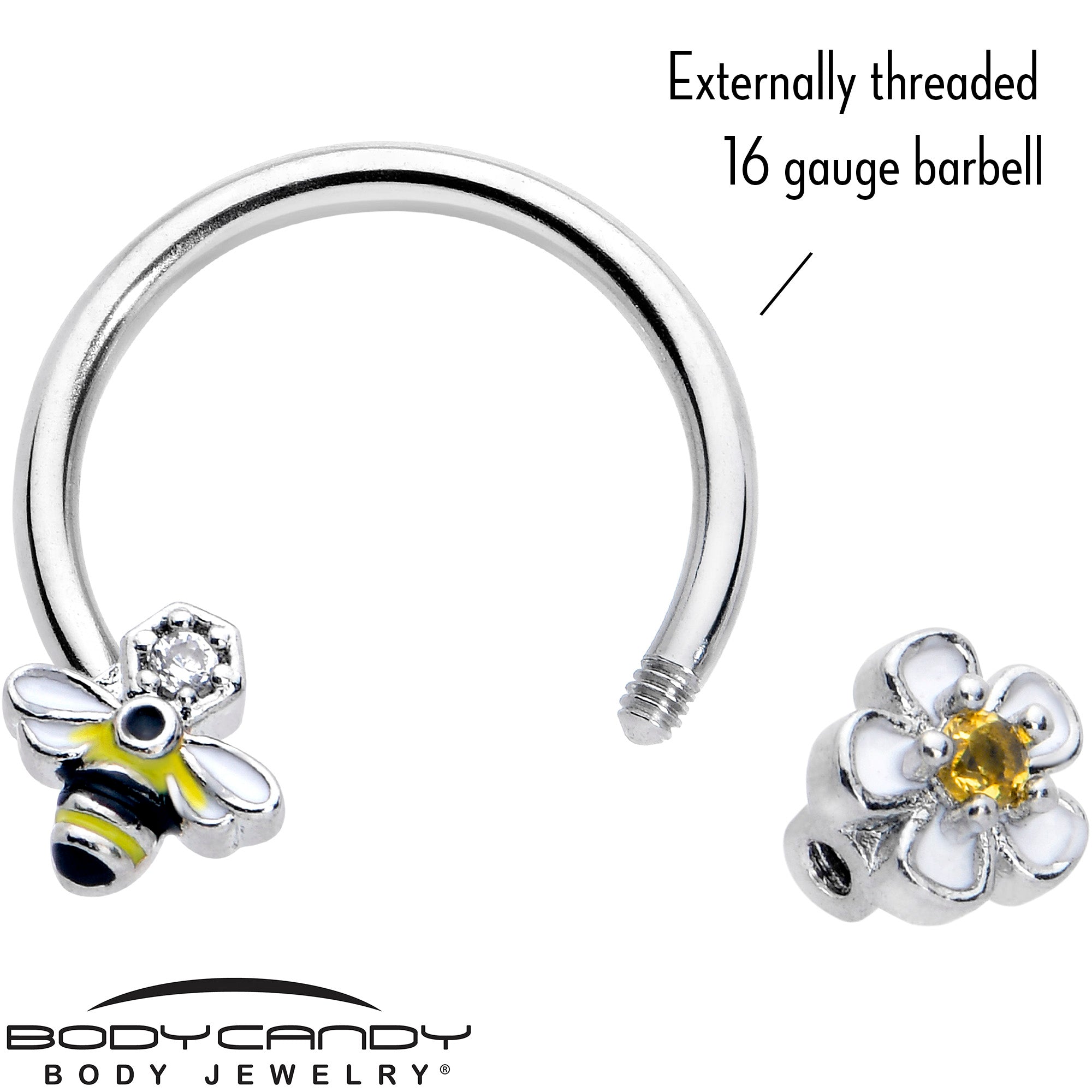 16 Gauge 3/8 Yellow CZ Gem Bee Flower Horseshoe Circular Barbell