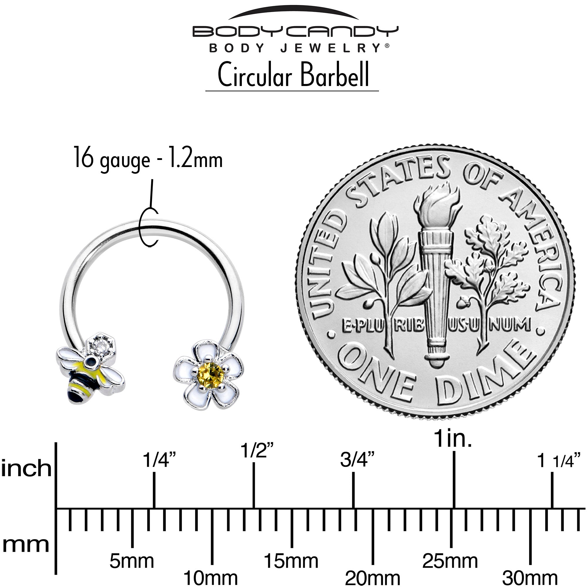 16 Gauge 3/8 Yellow CZ Gem Bee Flower Horseshoe Circular Barbell