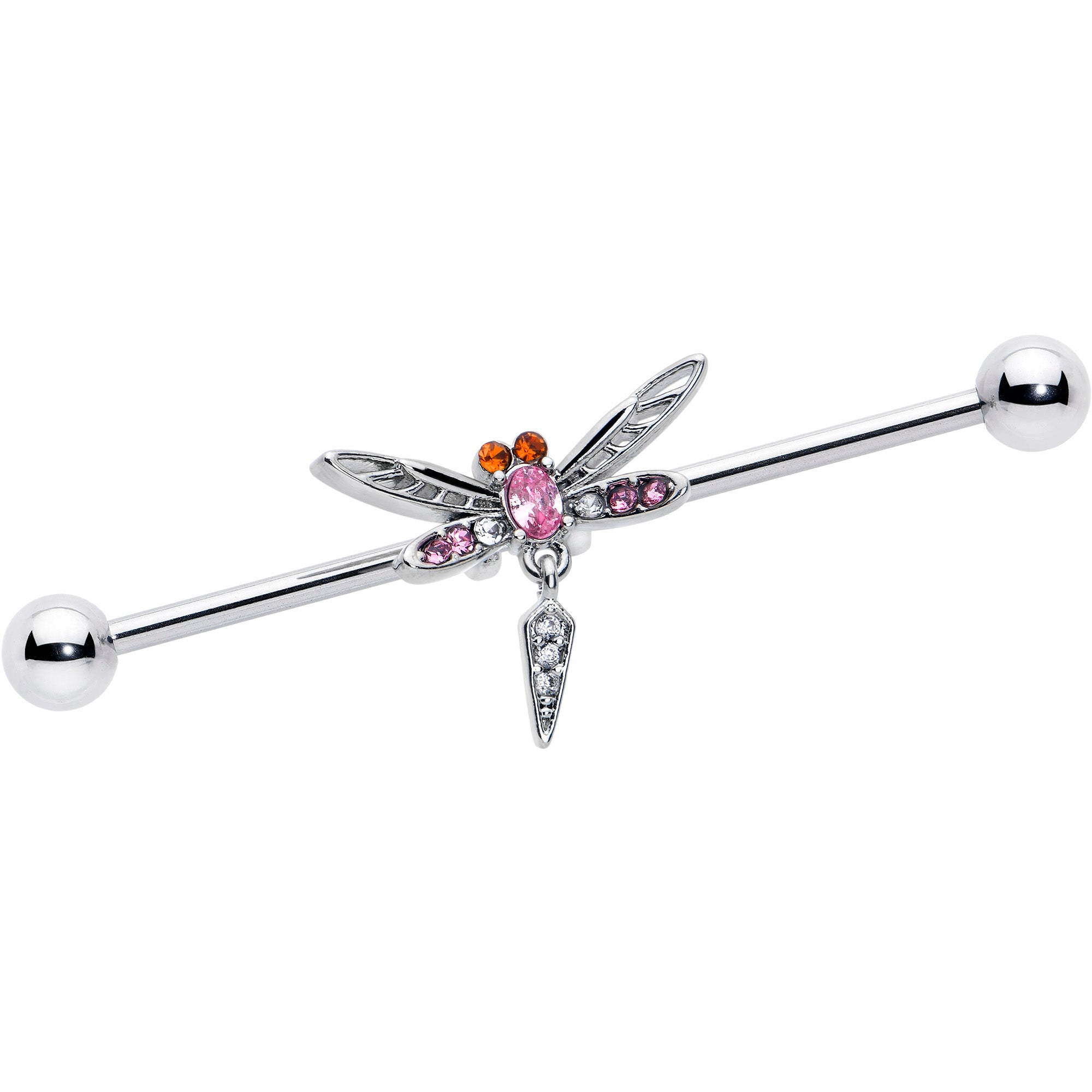 14 Gauge Pink Orange Gem Swank Dragonfly Dangle Industrial Barbell 38mm