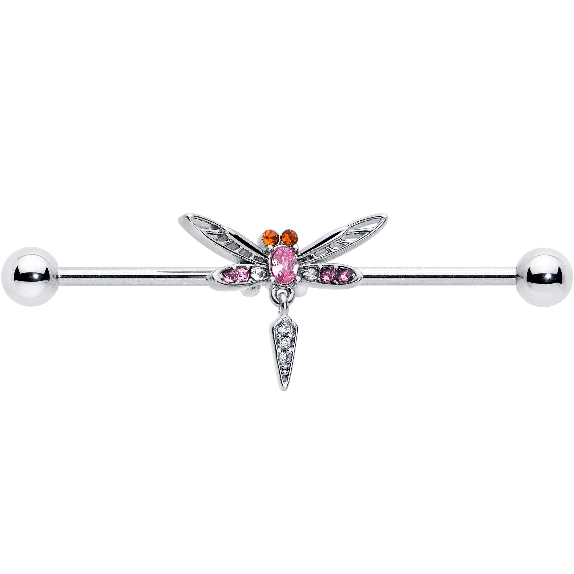 14 Gauge Pink Orange Gem Swank Dragonfly Dangle Industrial Barbell 38mm