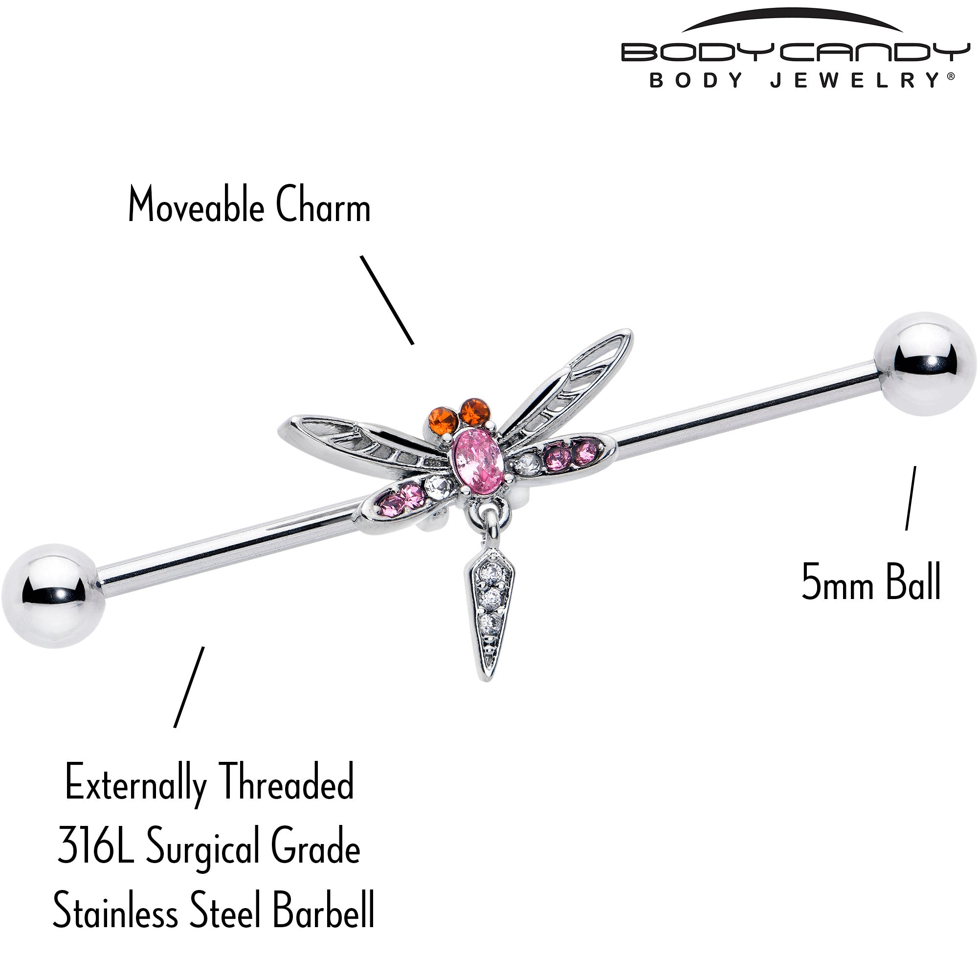 14 Gauge Pink Orange Gem Swank Dragonfly Dangle Industrial Barbell 38mm