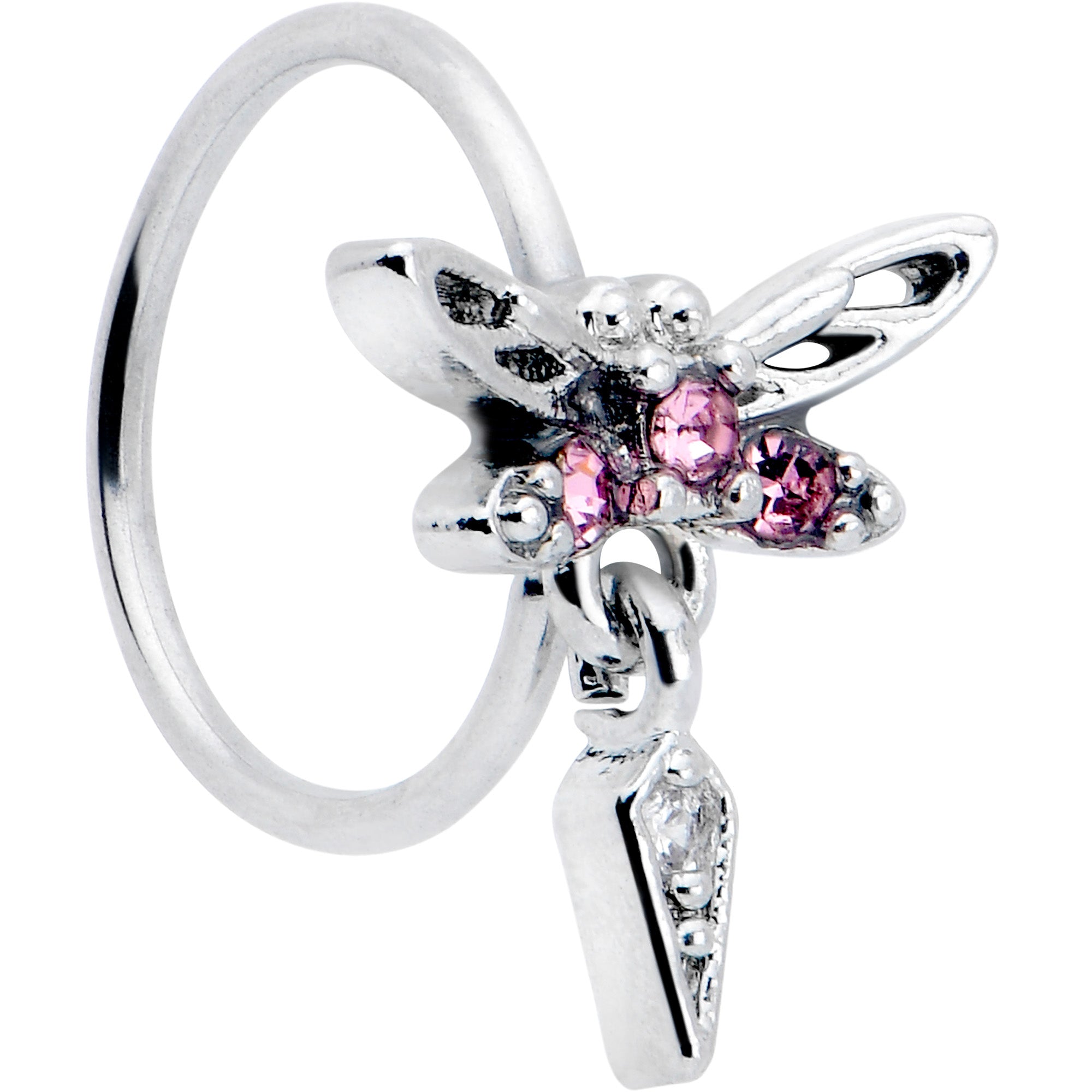 20 Gauge 5/16 Pink Gem Swank Dragonfly Dangle Nose Hoop