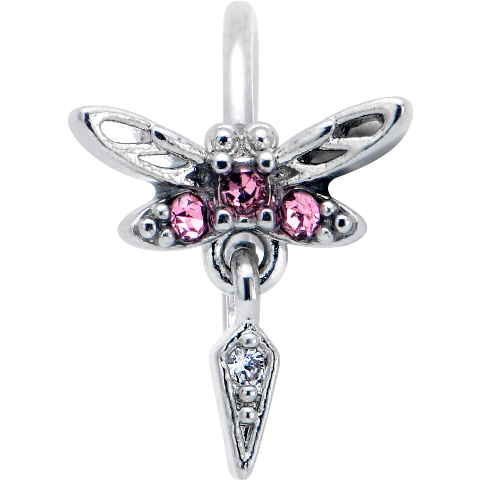 20 Gauge 5/16 Pink Gem Swank Dragonfly Dangle Nose Hoop