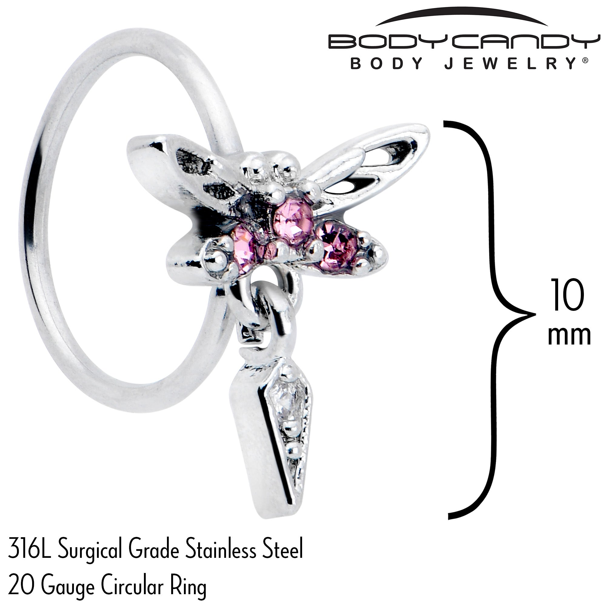 20 Gauge 5/16 Pink Gem Swank Dragonfly Dangle Nose Hoop