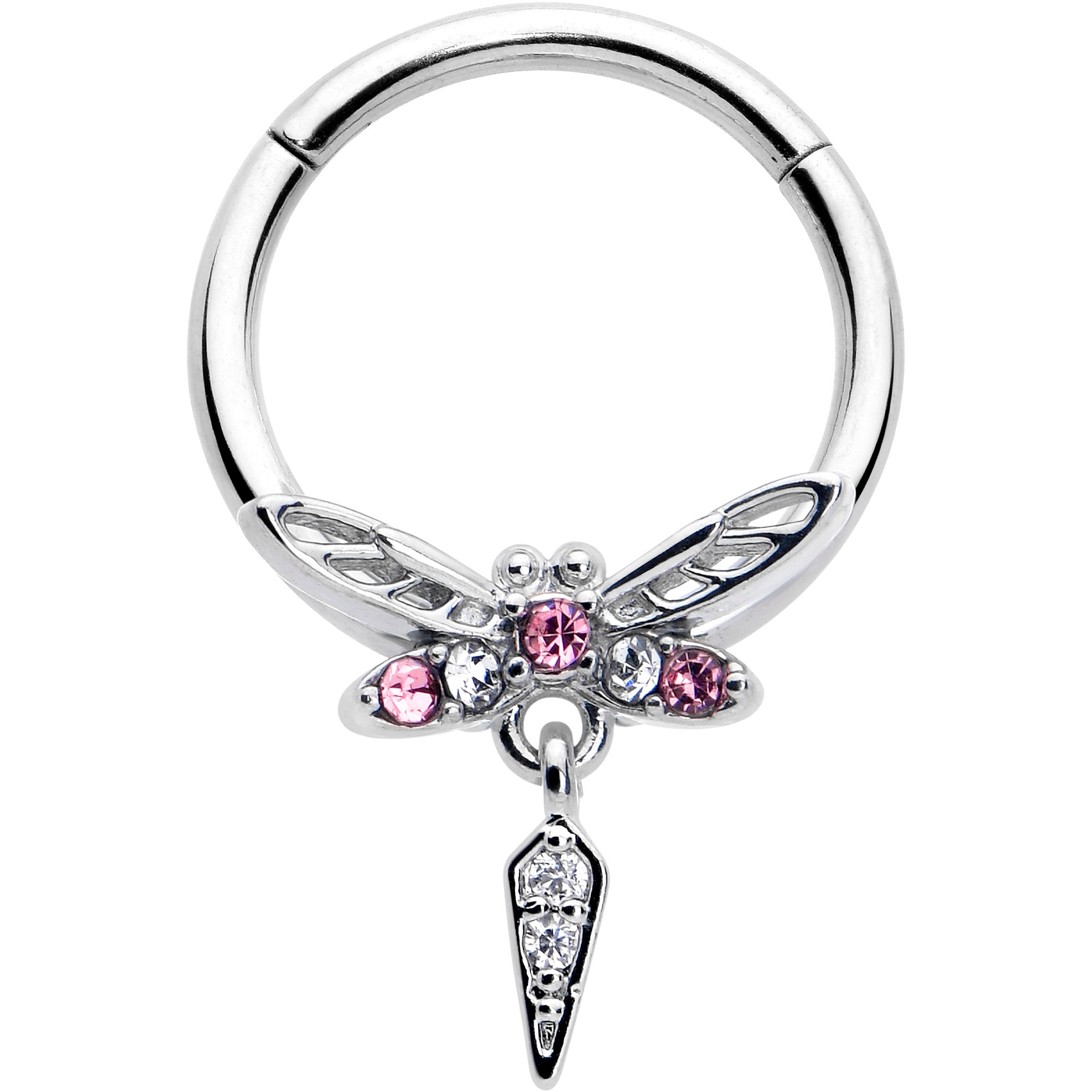 16 Gauge 3/8 Pink Gem Swank Dragonfly Dangle Hinged Segment Ring