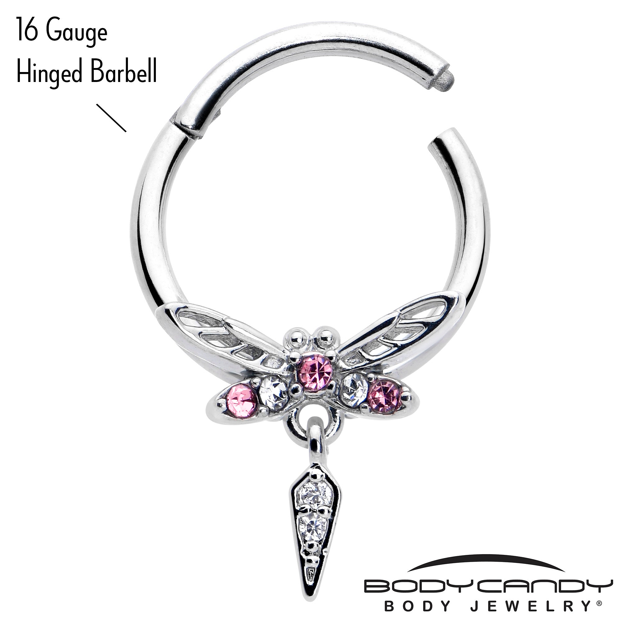 16 Gauge 3/8 Pink Gem Swank Dragonfly Dangle Hinged Segment Ring