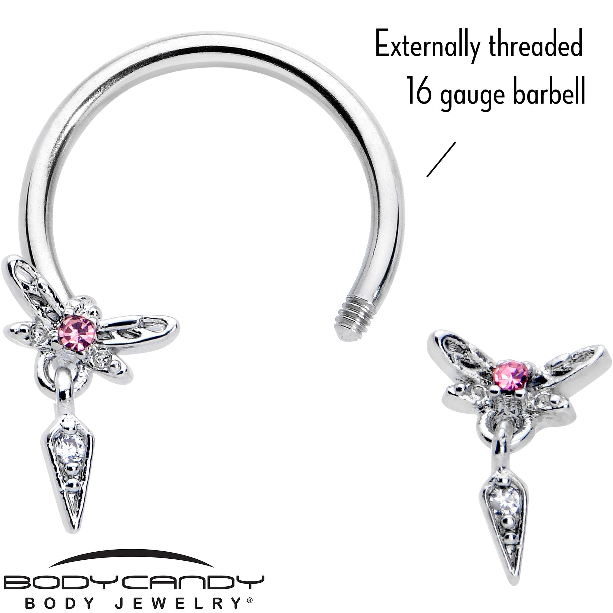 16 Gauge 3/8 Pink Gem Swank Dragonfly Dangle Horseshoe Circular Barbell