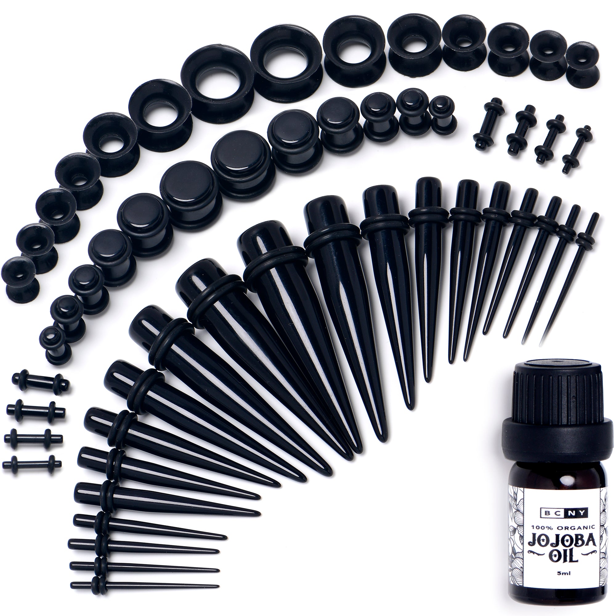 14 Gauge to 1/2 Black Acrylic 54 Piece Ear Stretching Kit with Jojoba Oil