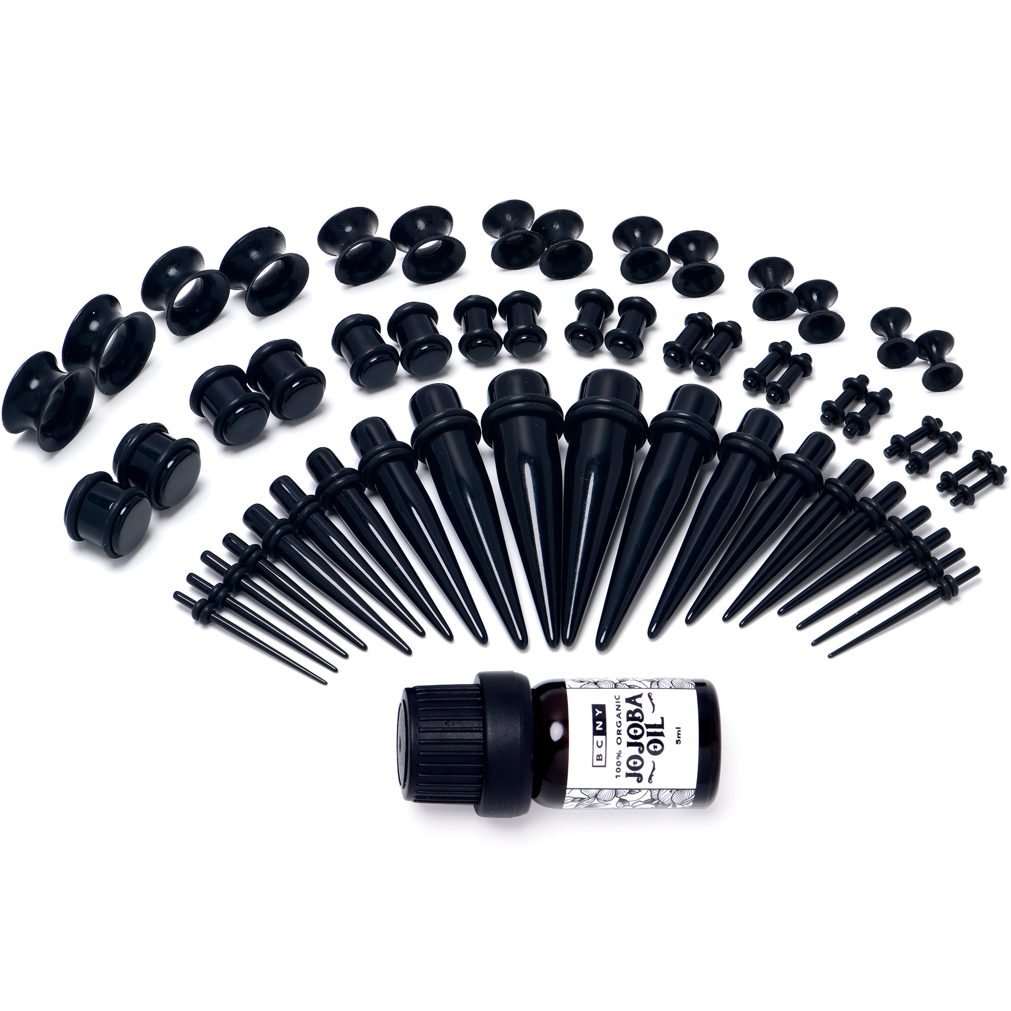 14 Gauge to 1/2 Black Acrylic 54 Piece Ear Stretching Kit with Jojoba Oil