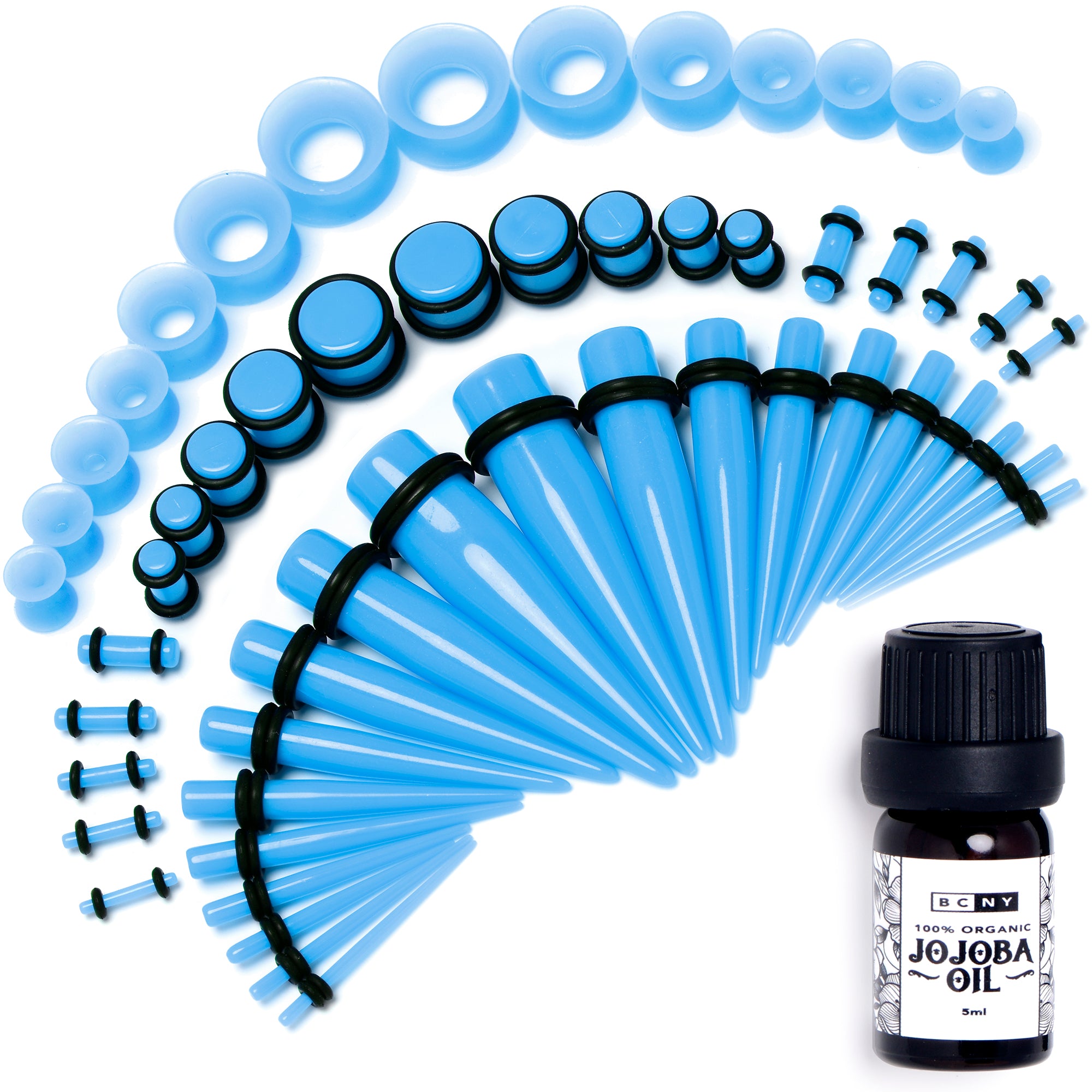 14 Gauge to 1/2 Blue Acrylic 54 Piece Ear Stretching Kit with Jojoba Oil