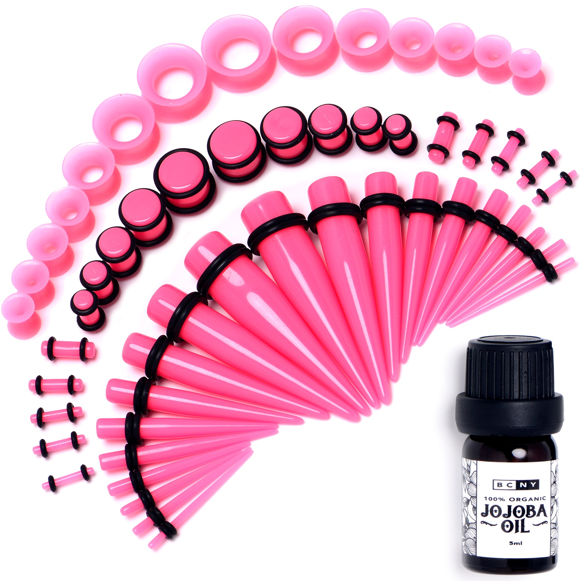 14 Gauge to 1/2 Pink Acrylic 54 Piece Ear Stretching Kit with Jojoba Oil