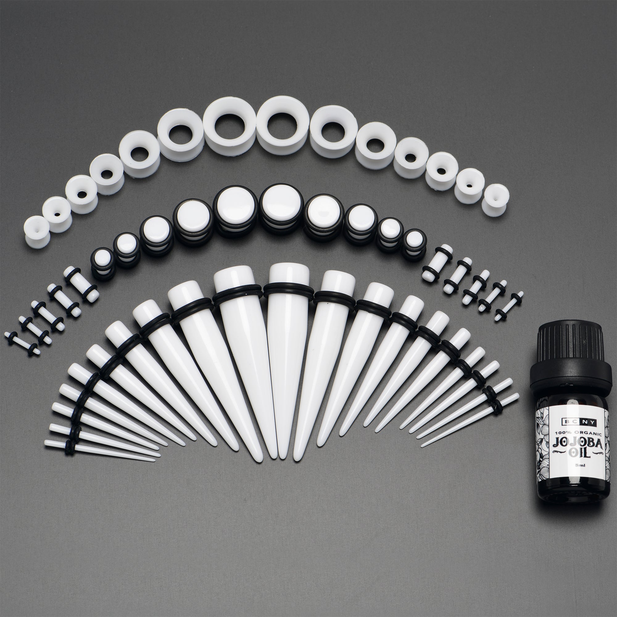 14 Gauge to 1/2 White Acrylic 54 Piece Ear Stretching Kit with Jojoba Oil