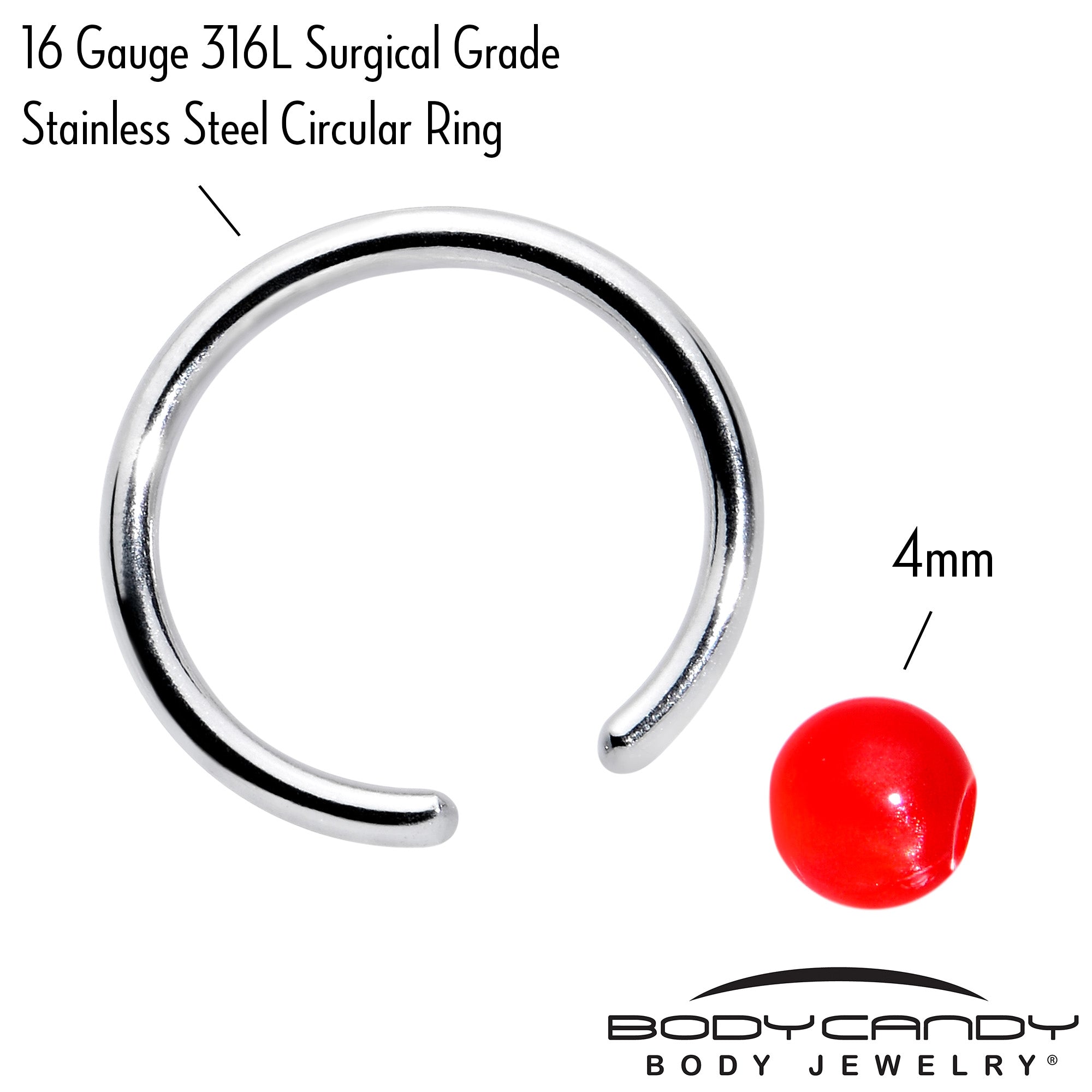 16 Gauge 3/8 Simple Opaque Bright Red Ball BCR Captive Bead Ring