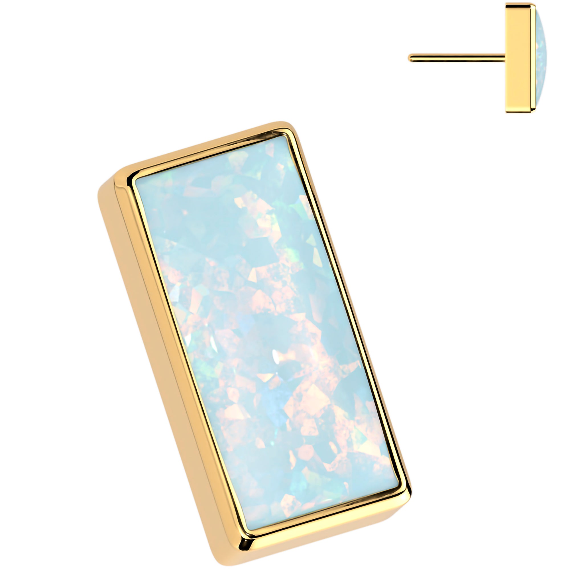 White synthetic opal earring with golden ASTM F-136 bar flatback