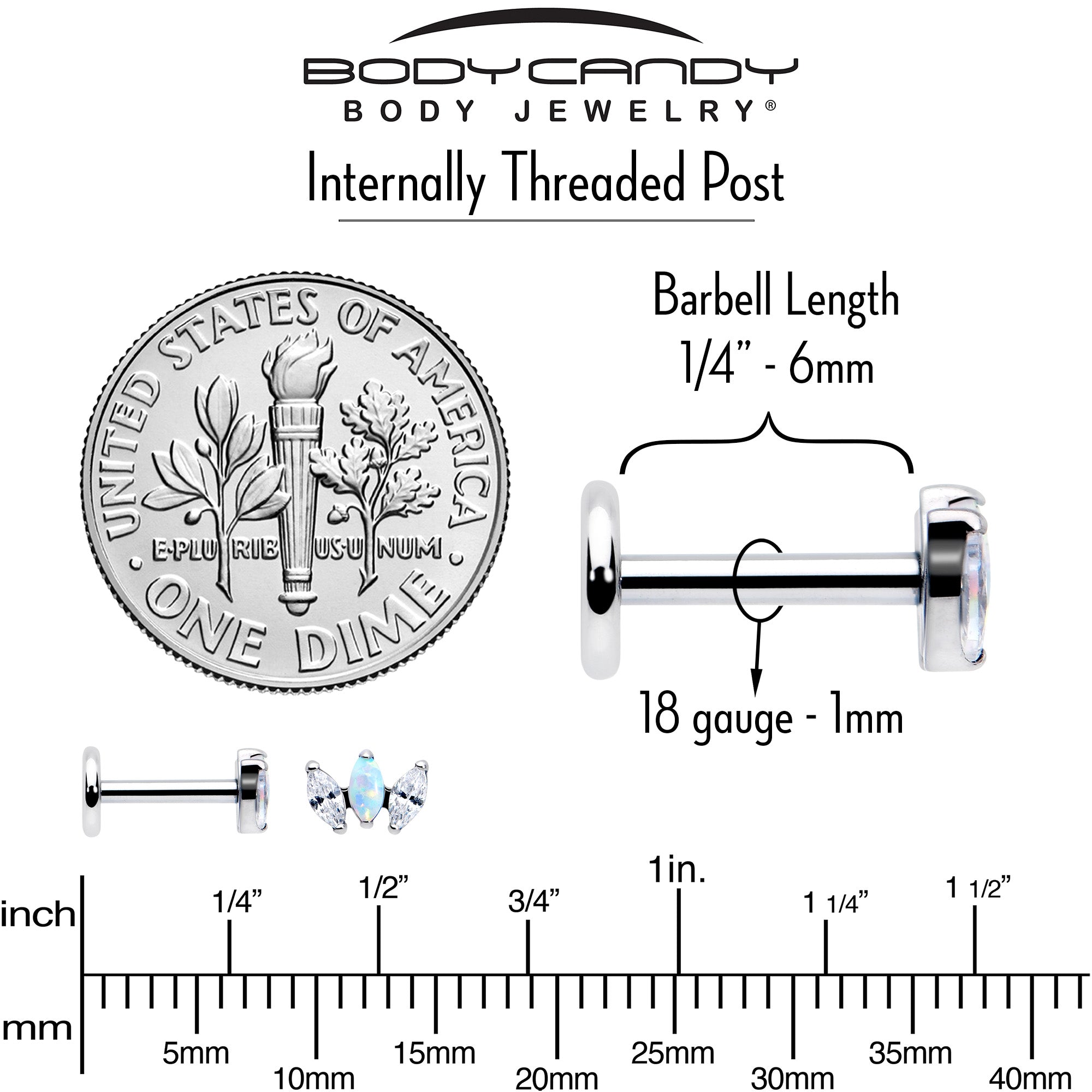 18 Gauge Titanium Internally Threaded Stud Fancy CZ Opal