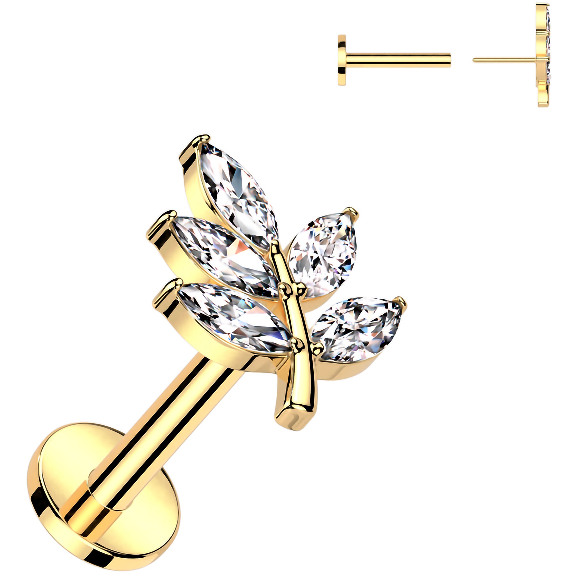 Gold tone surgical steel flatback earring with cubic zirconia leaves - 16 gauge