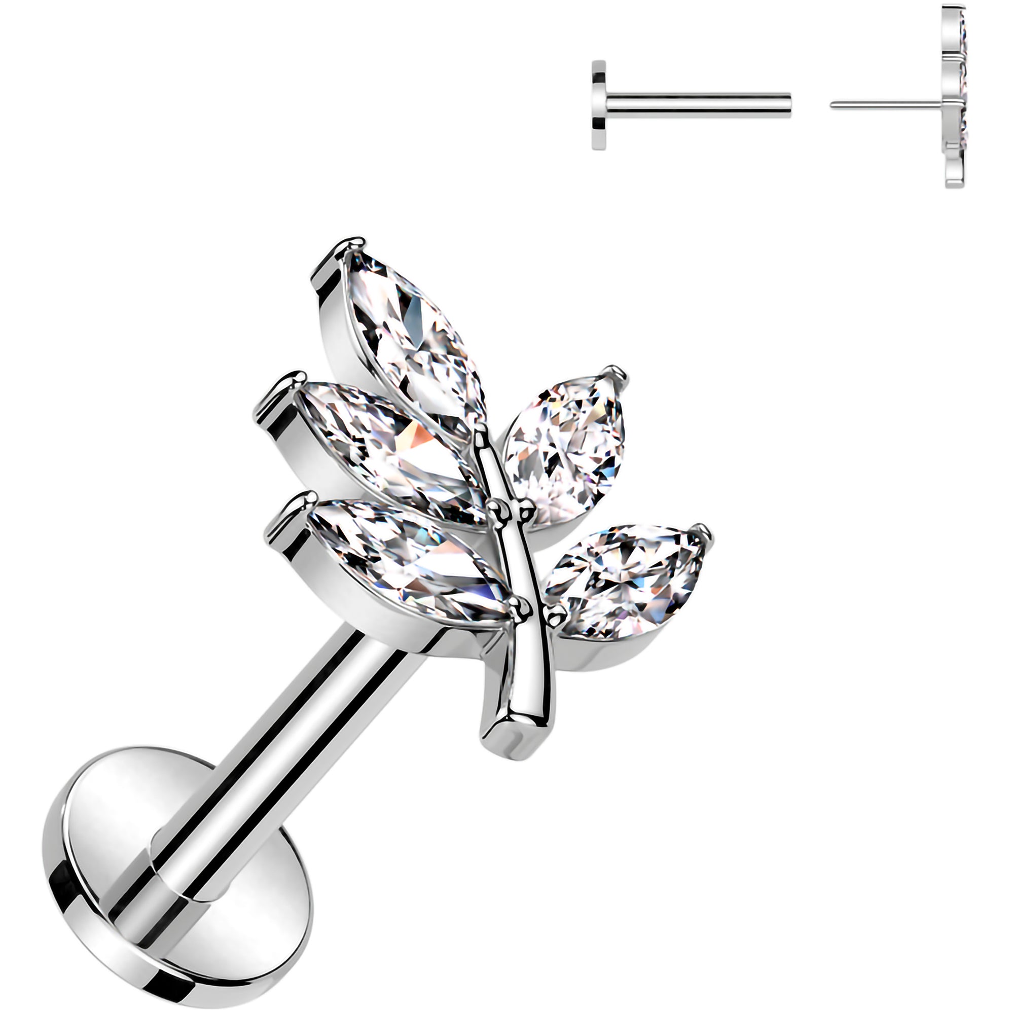 16 Gauge Surgical Steel Flatback Earring with Cubic Zirconia Leaves