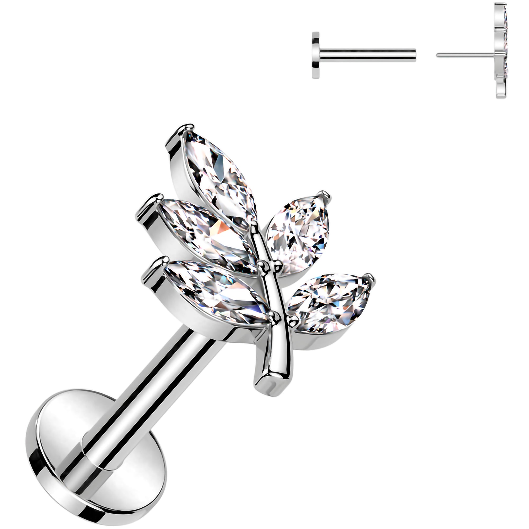 18 gauge surgical steel flatback earring with cubic zirconia leaves