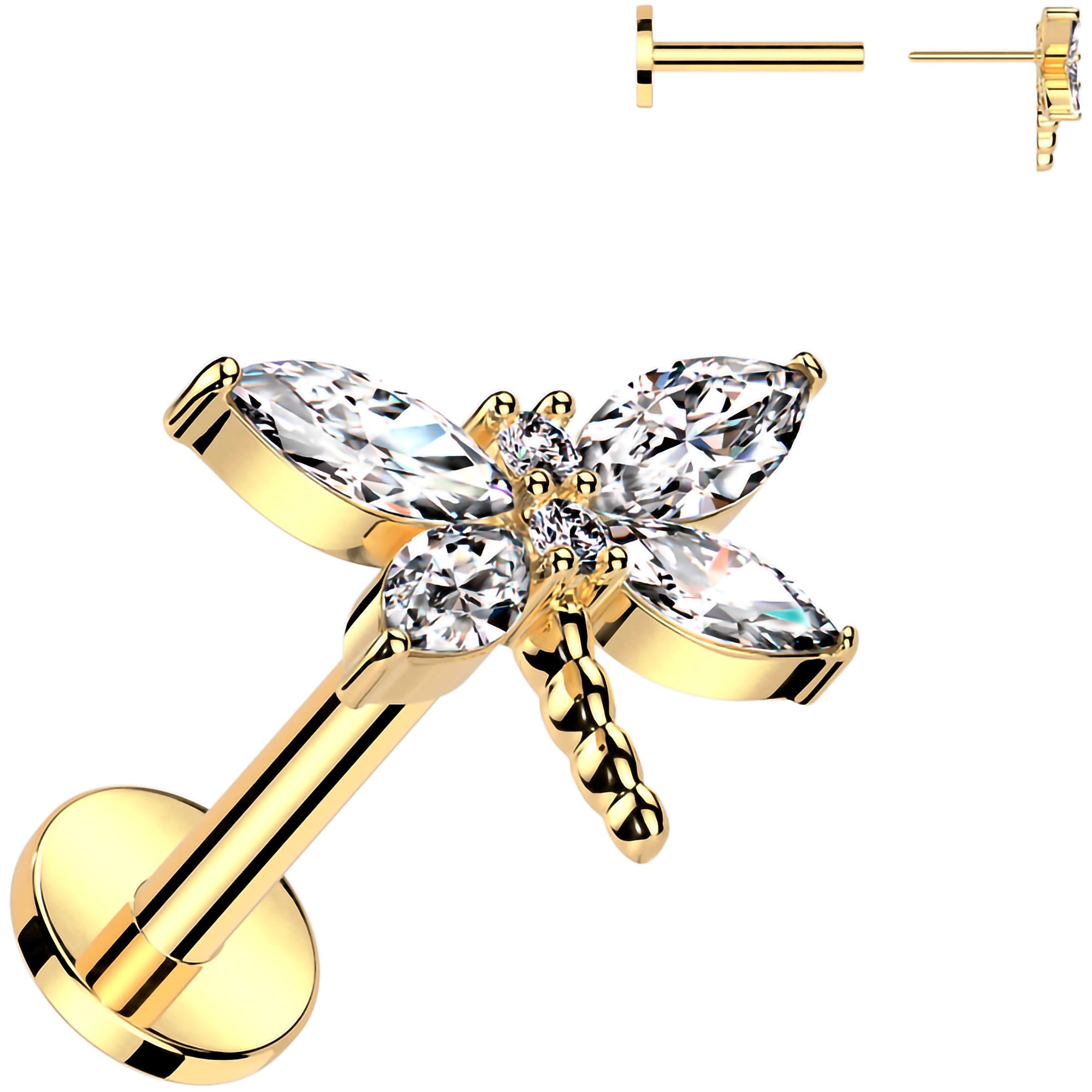 Gold Tone Surgical Steel Flatback Earring with Dragonfly Design