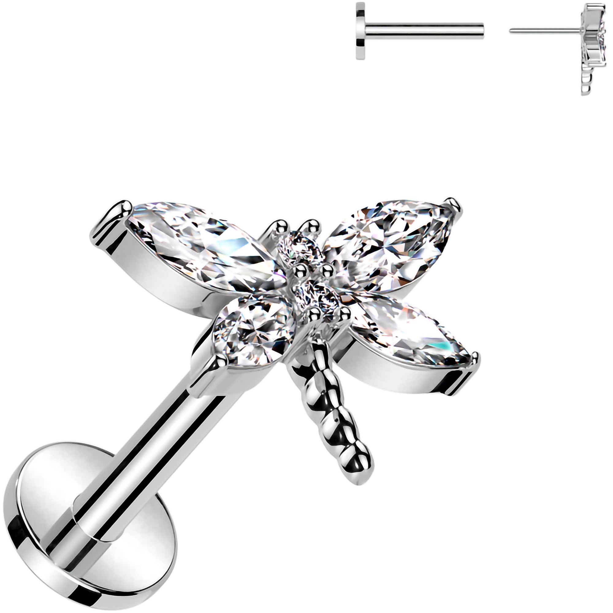 Surgical steel flatback earring with cubic zirconia dragonfly design