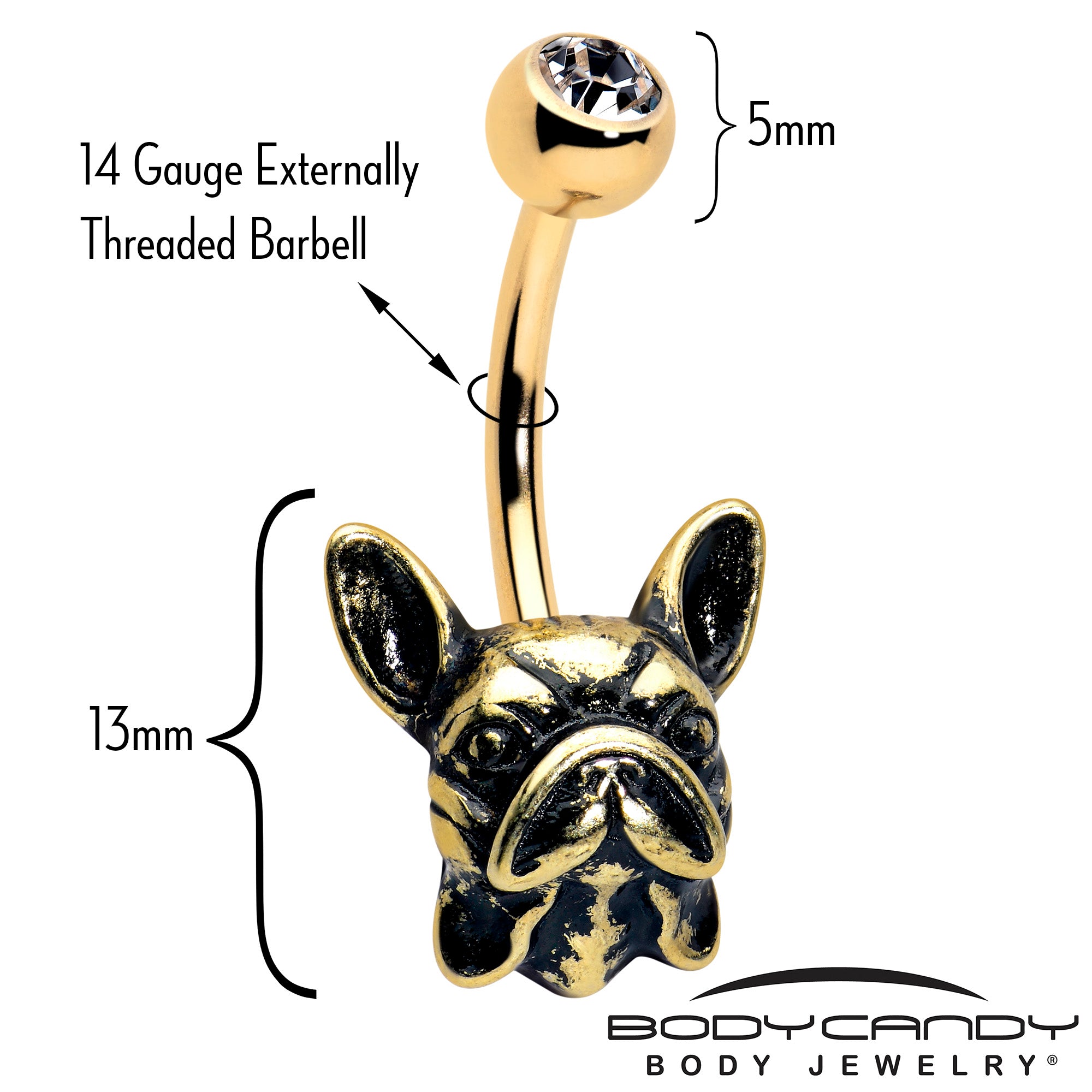 Gold Tone Anodized French Bulldog Belly Ring with Clear CZ Gem