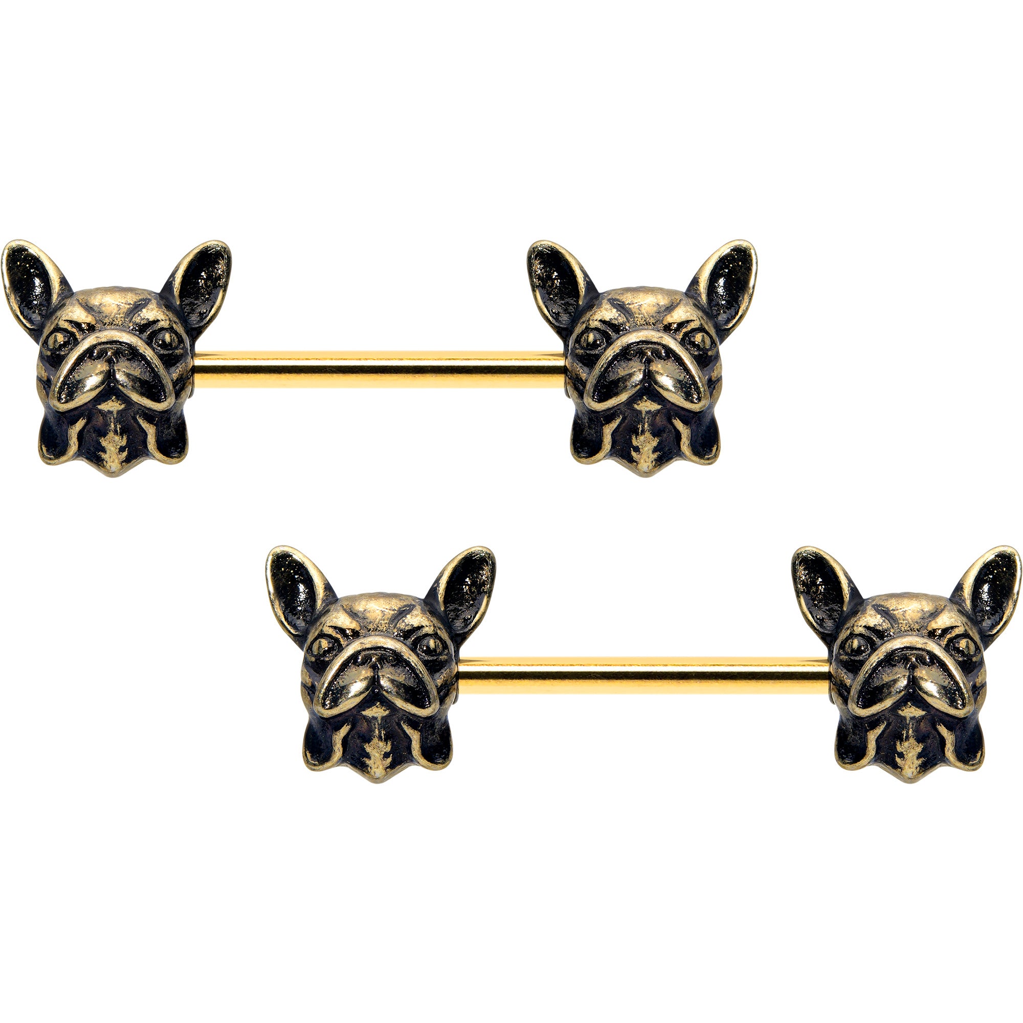 14 Gauge 5/8 Gold Tone Anodized French Bulldog Barbell Nipple Ring Set