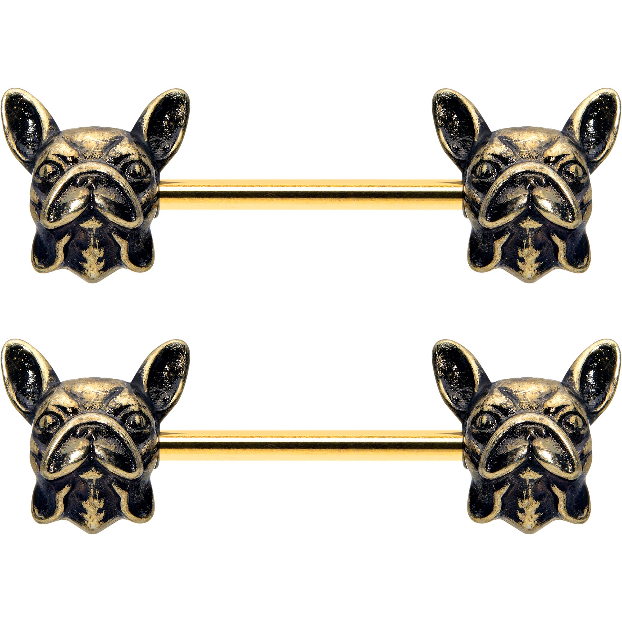 Gold Tone 14 Gauge 5/8 Anodized French Bulldog Barbell Nipple Rings