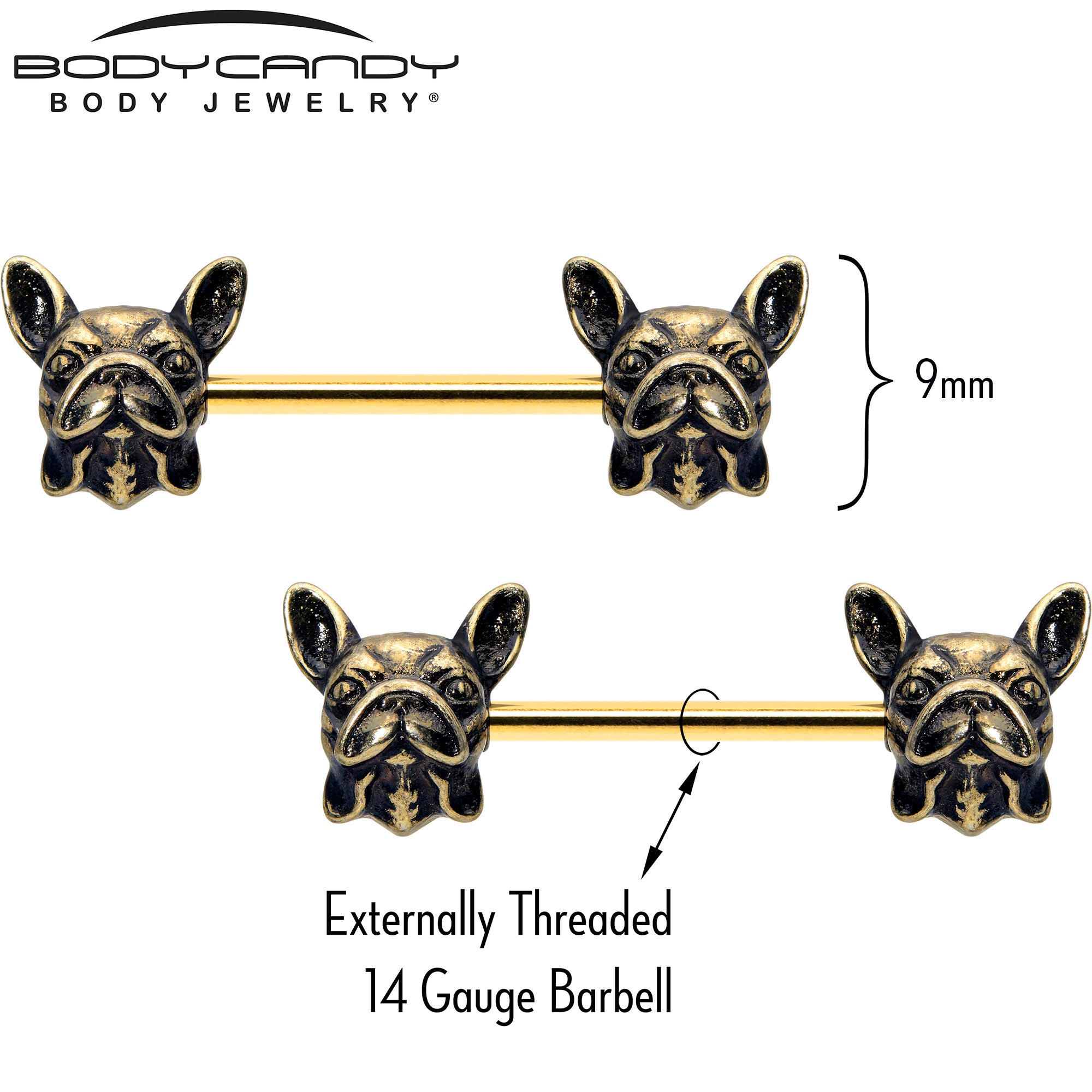 French Bulldog Design 14 Gauge 5/8 Gold Tone Anodized Nipple Ring Set