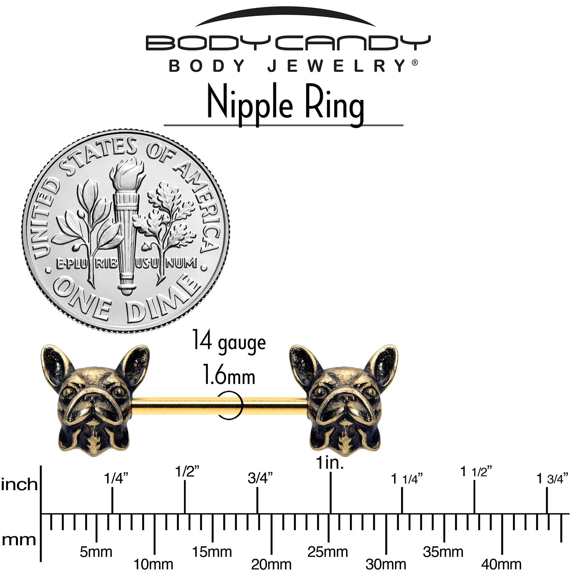 14 Gauge 5/8 Gold Anodized French Bulldog Barbell Nipple Rings Set