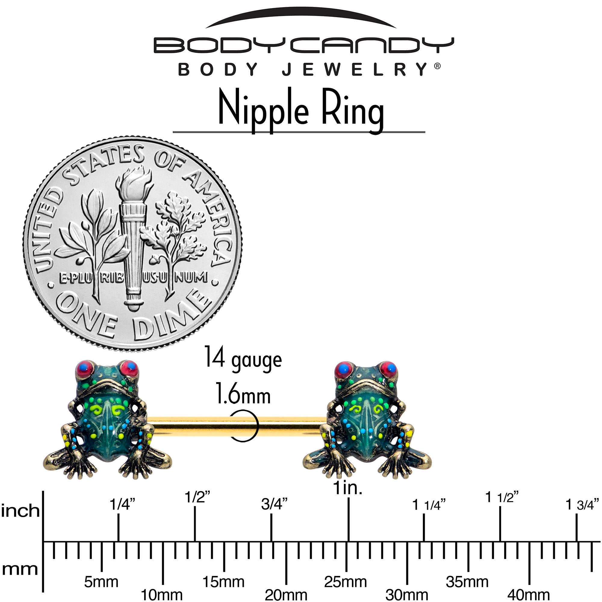 14 Gauge Gold Tone Tree Frog Nipple Rings Set