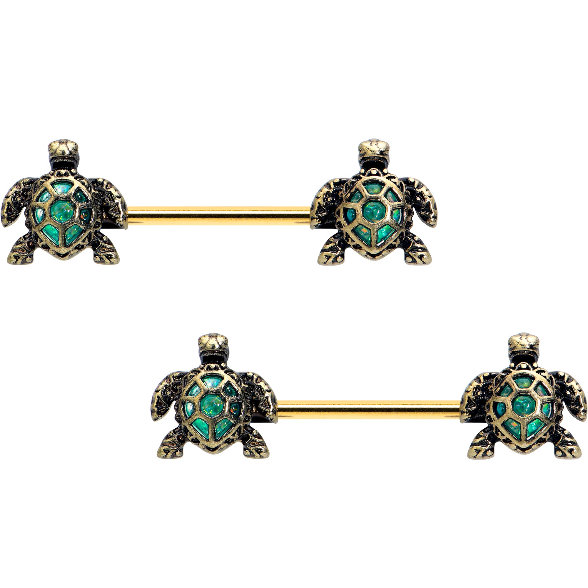 14 Gauge 5/8 Gold Tone Anodized Sea Turtle Style Barbell Nipple Ring Set