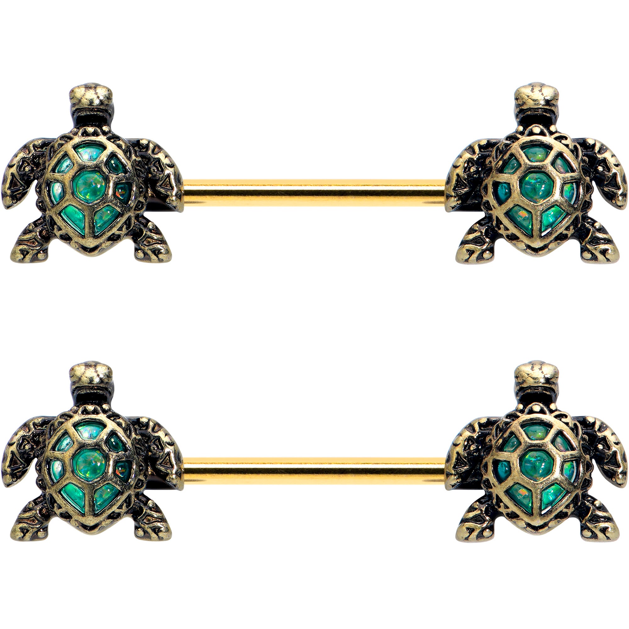 14 Gauge Sea Turtle Style Barbell Nipple Rings Gold Tone 5/8