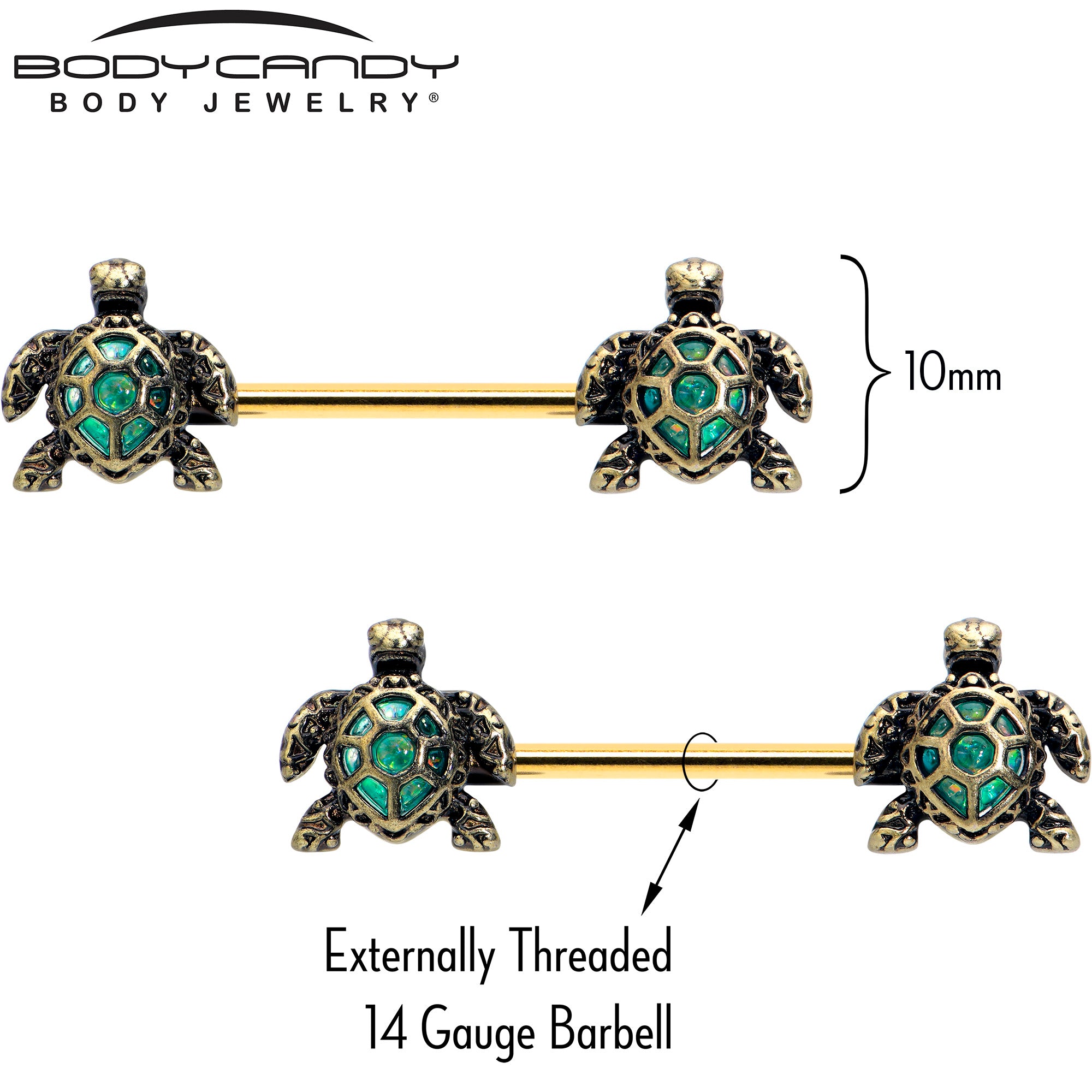 Gold Tone 14 Gauge Anodized Sea Turtle Barbell Nipple Ring Set